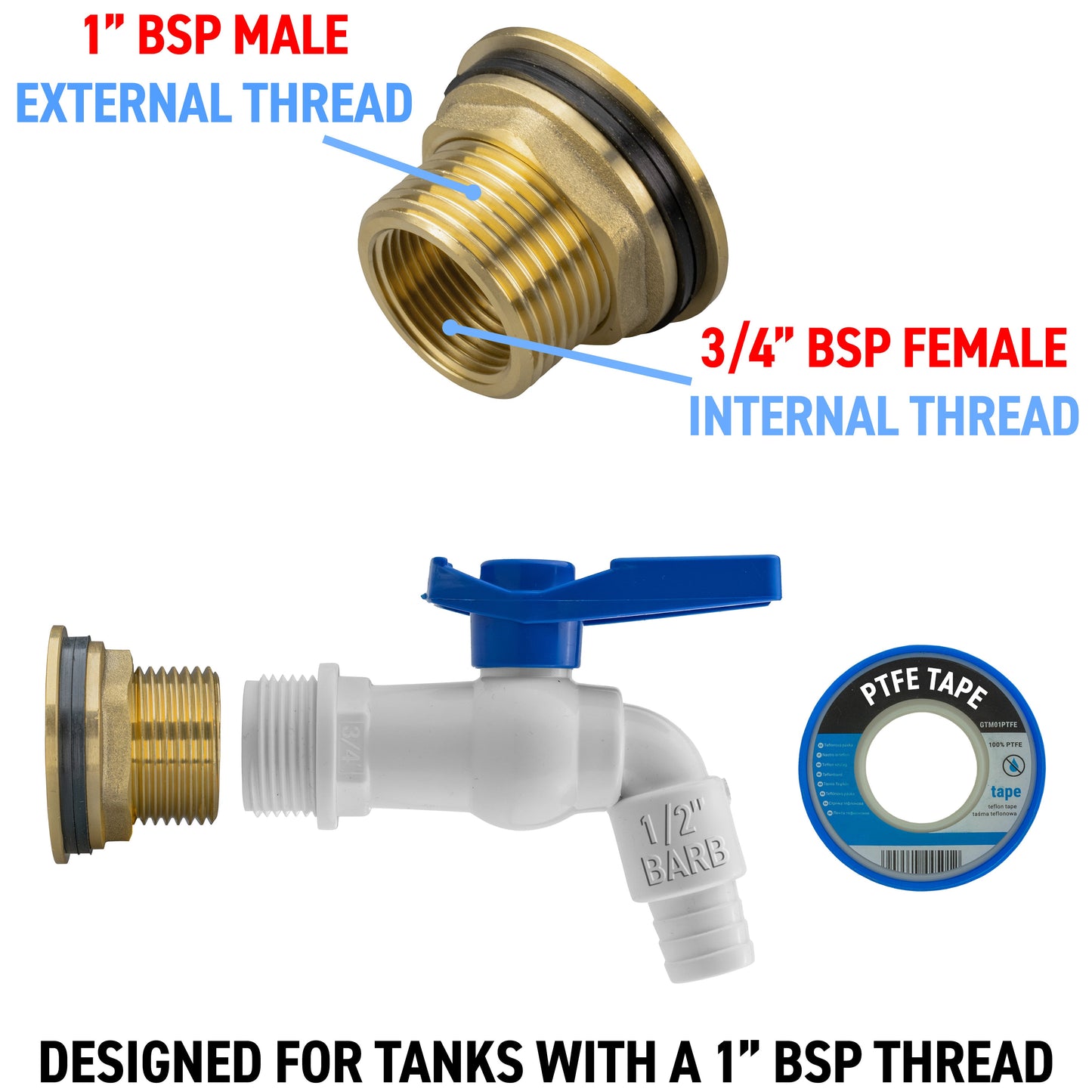 Water Butt Brass Kit 1in with White PVC Tap and Drill Bit for Hose Connector Set