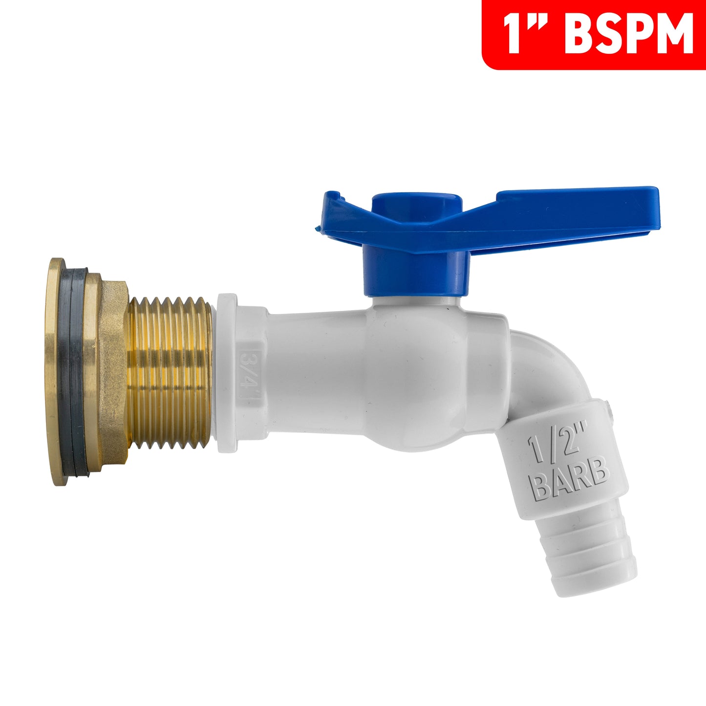Water Butt Brass Kit 1in with White PVC Tap and Drill Bit for Hose Connector Set