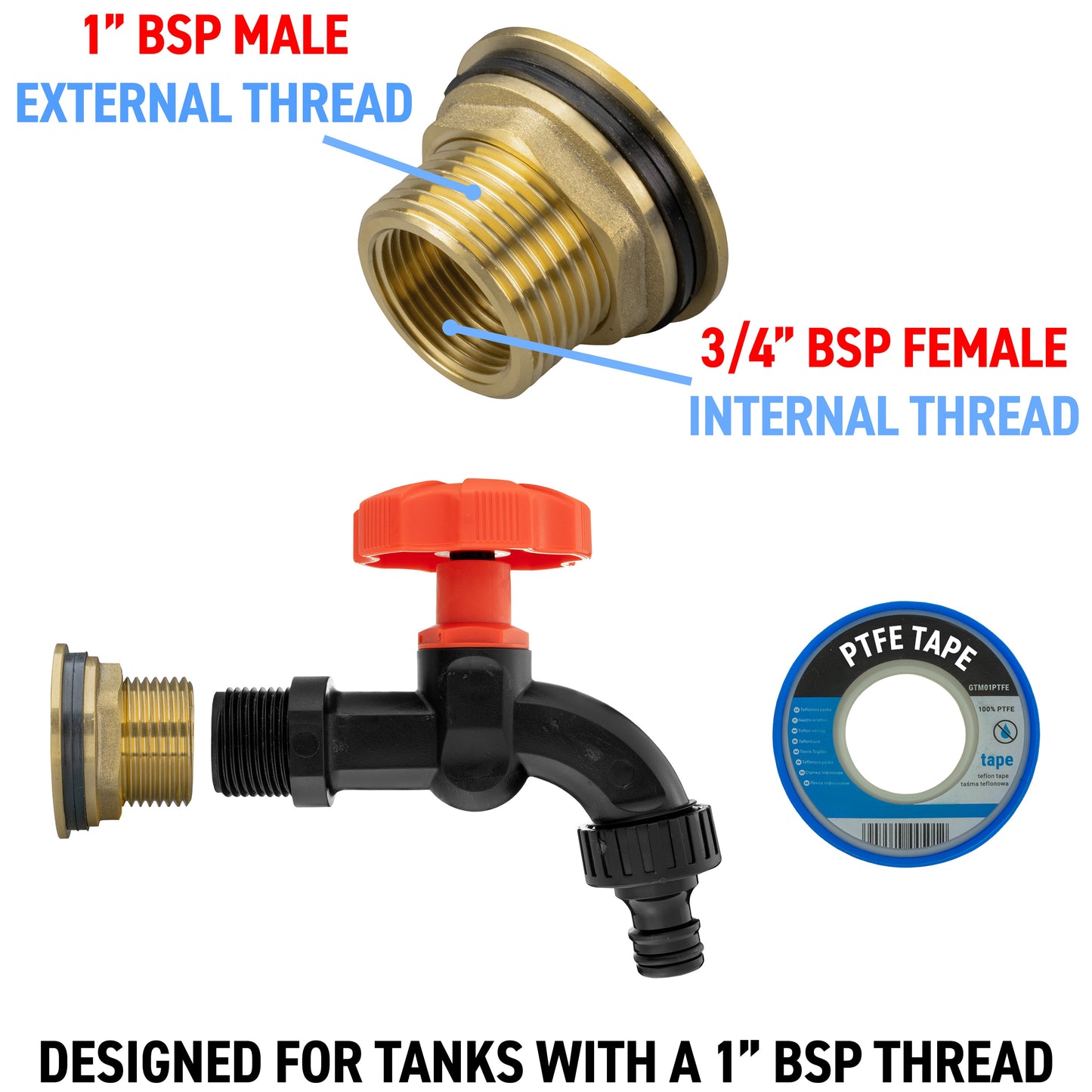 Water Butt Brass Kit 1in with Black Dial Tap and Drill Bit for Hose Pipe Fitting