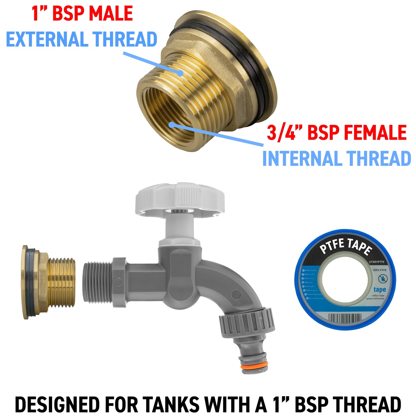 Water Butt Brass Kit 1in with Grey Dial Tap and Drill Bit for Hose Connector Set