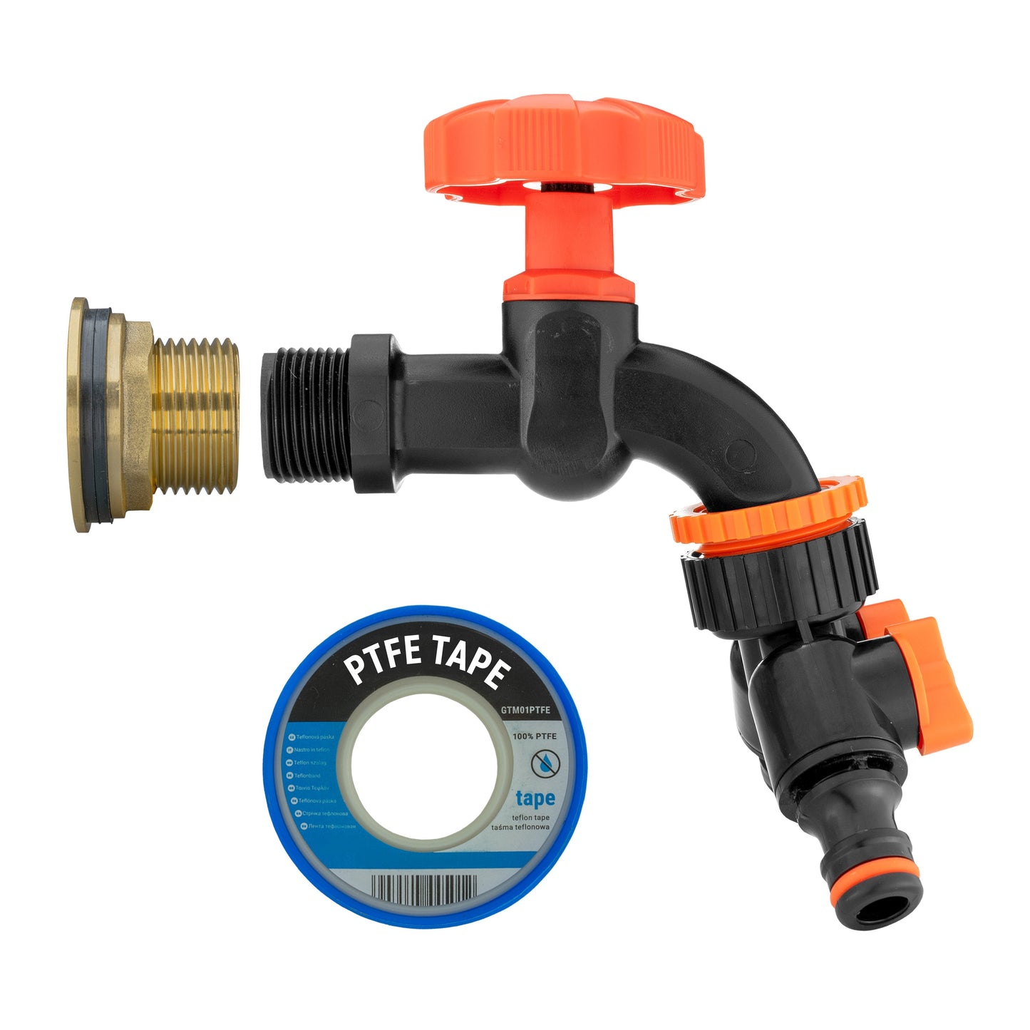 Water Butt Brass Kit 1in with Black Dial Tap + Two-Way Splitter and Drill Bit