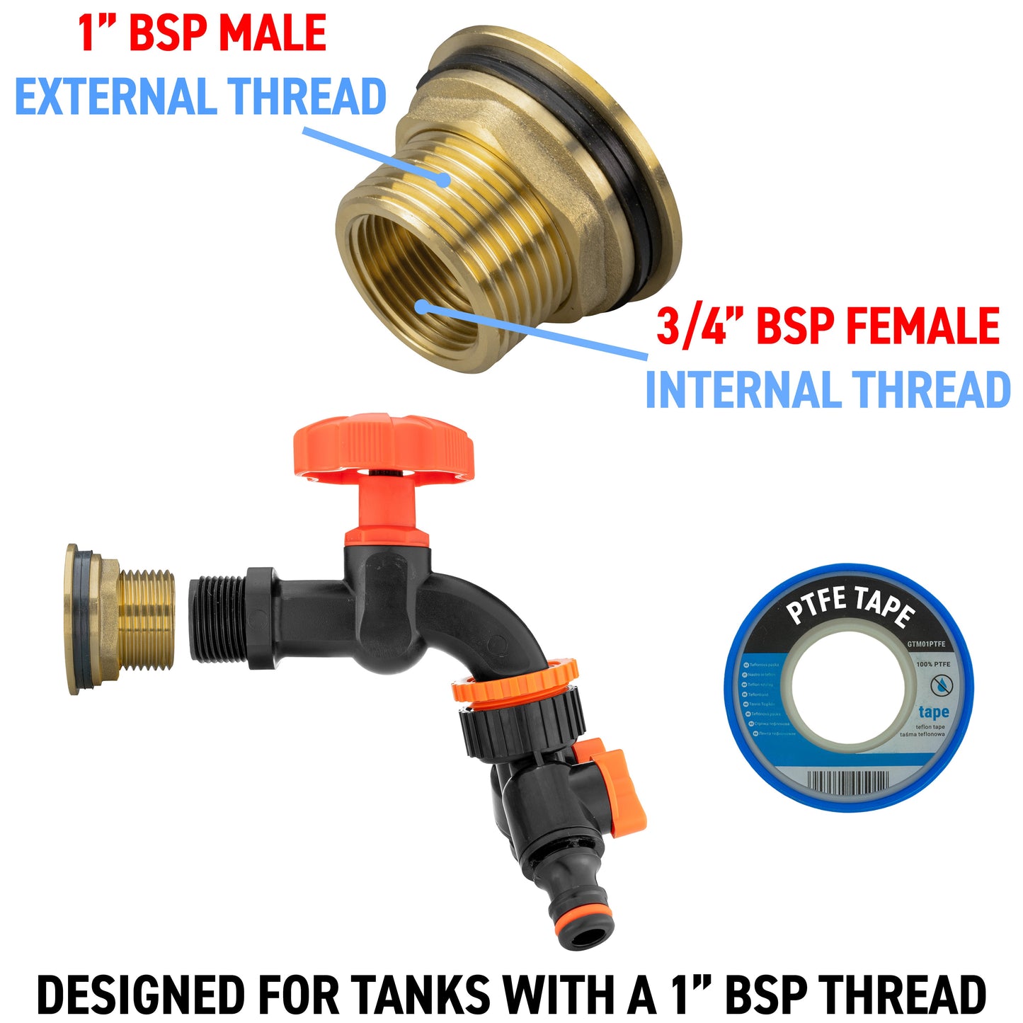 Water Butt Brass Kit 1in with Black Dial Tap + Two-Way Splitter and Drill Bit