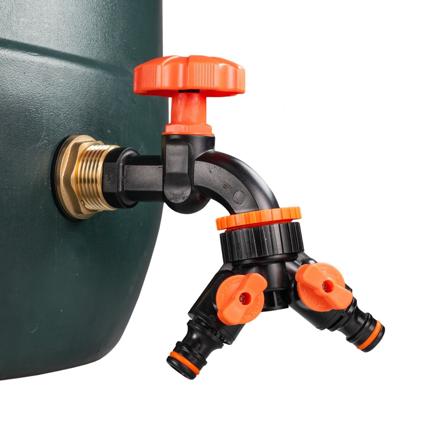 Water Butt Brass Kit 1in with Black Dial Tap + Two-Way Splitter and Drill Bit