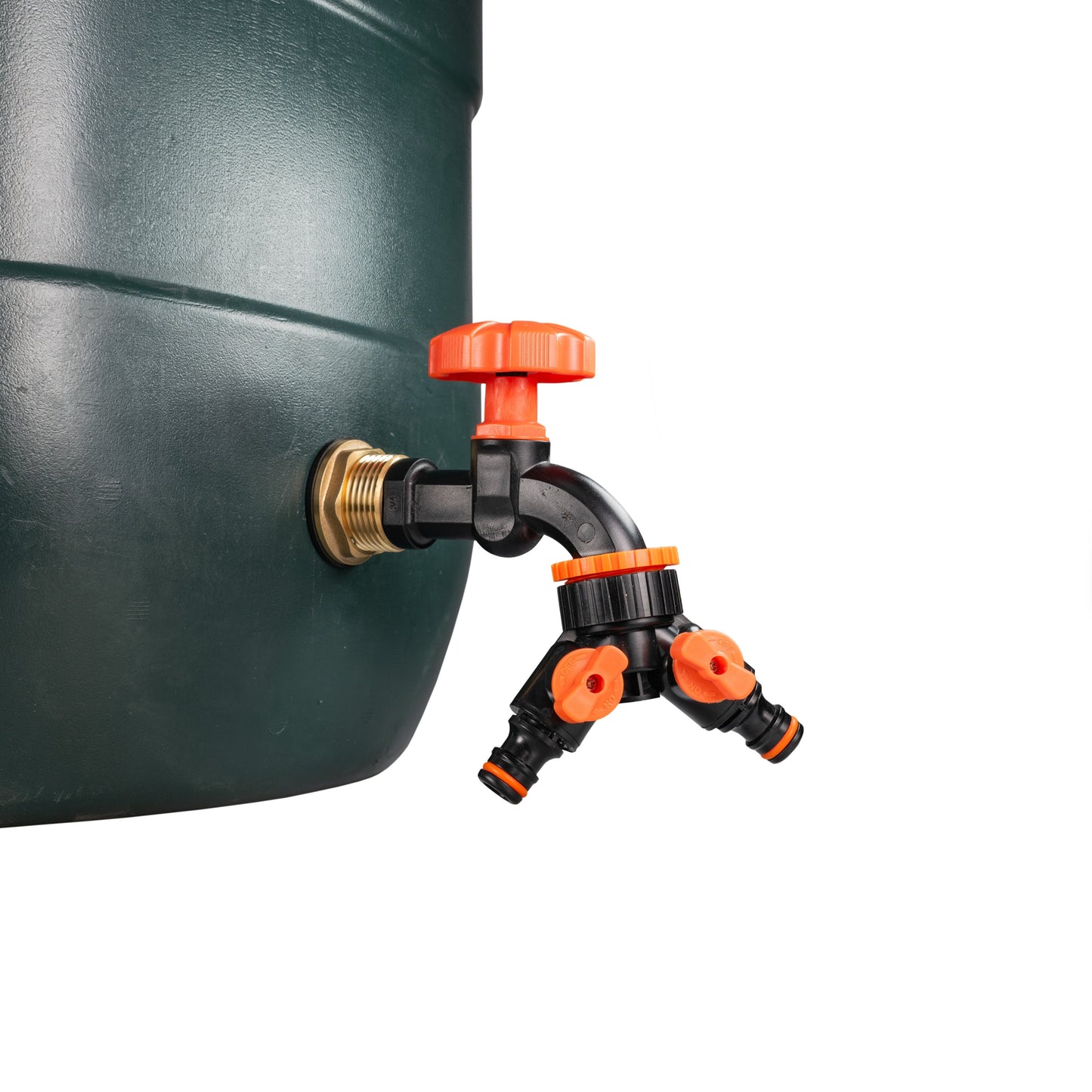 Water Butt Brass Kit 1in with Black Dial Tap + Two-Way Splitter and Drill Bit