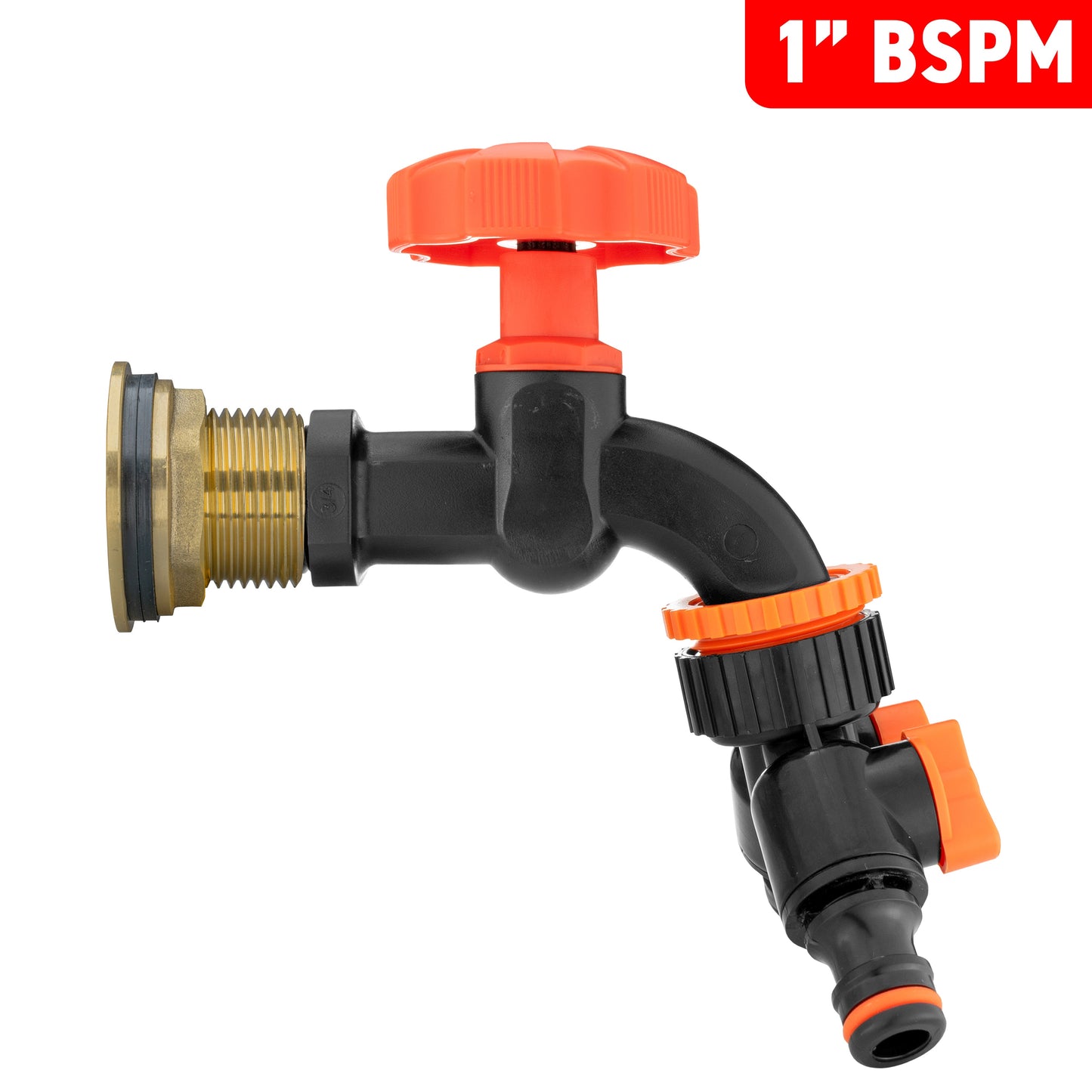 Water Butt Brass Kit 1in with Black Dial Tap + Two-Way Splitter Garden Hose Pipe