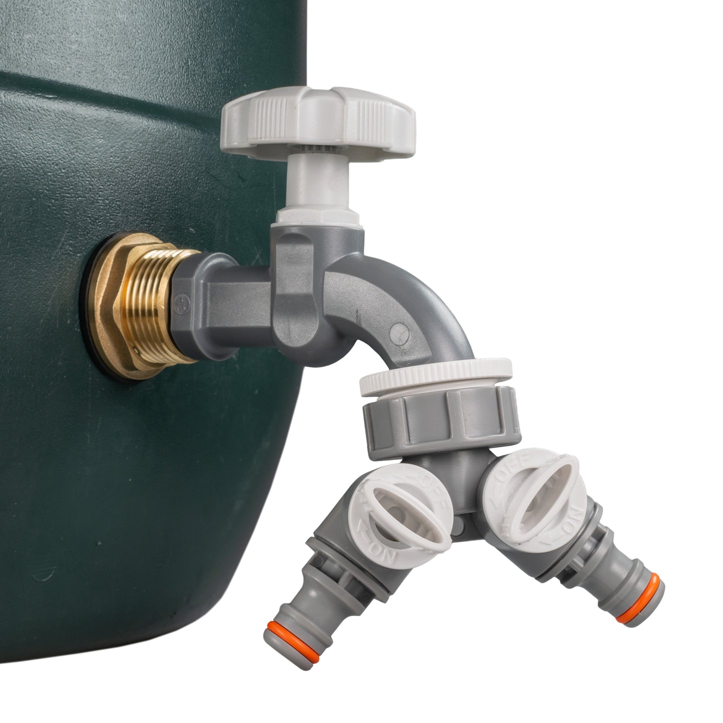 Water Butt Brass Kit 1in with Grey Dial Tap + Two-Way Splitter and Drill Bit