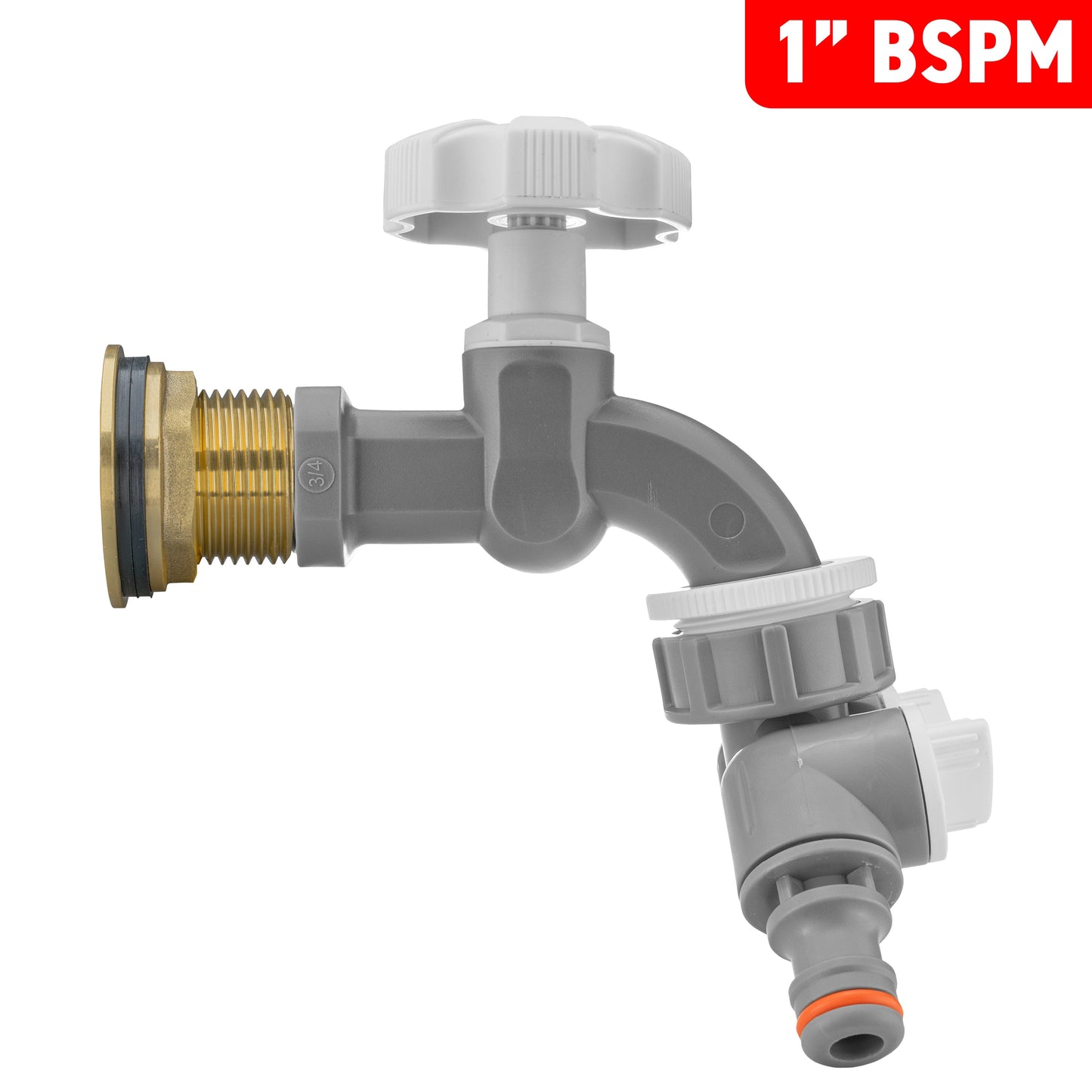 Water Butt Brass Kit 1in with Grey Dial Tap + Two-Way Splitter and Drill Bit