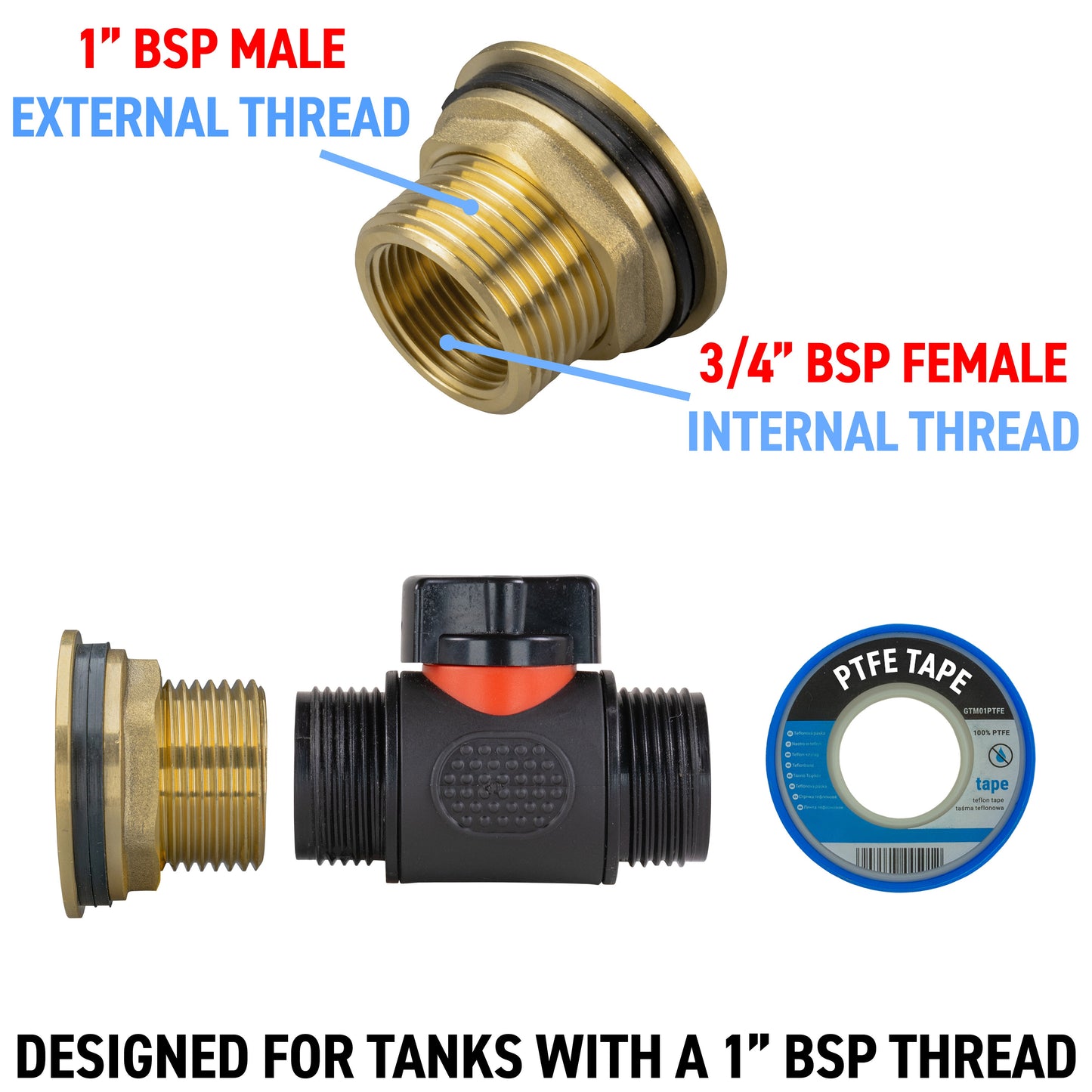 Water Butt Brass Kit 1in with 3/4in BSP In-Line Valve and Drill Bit