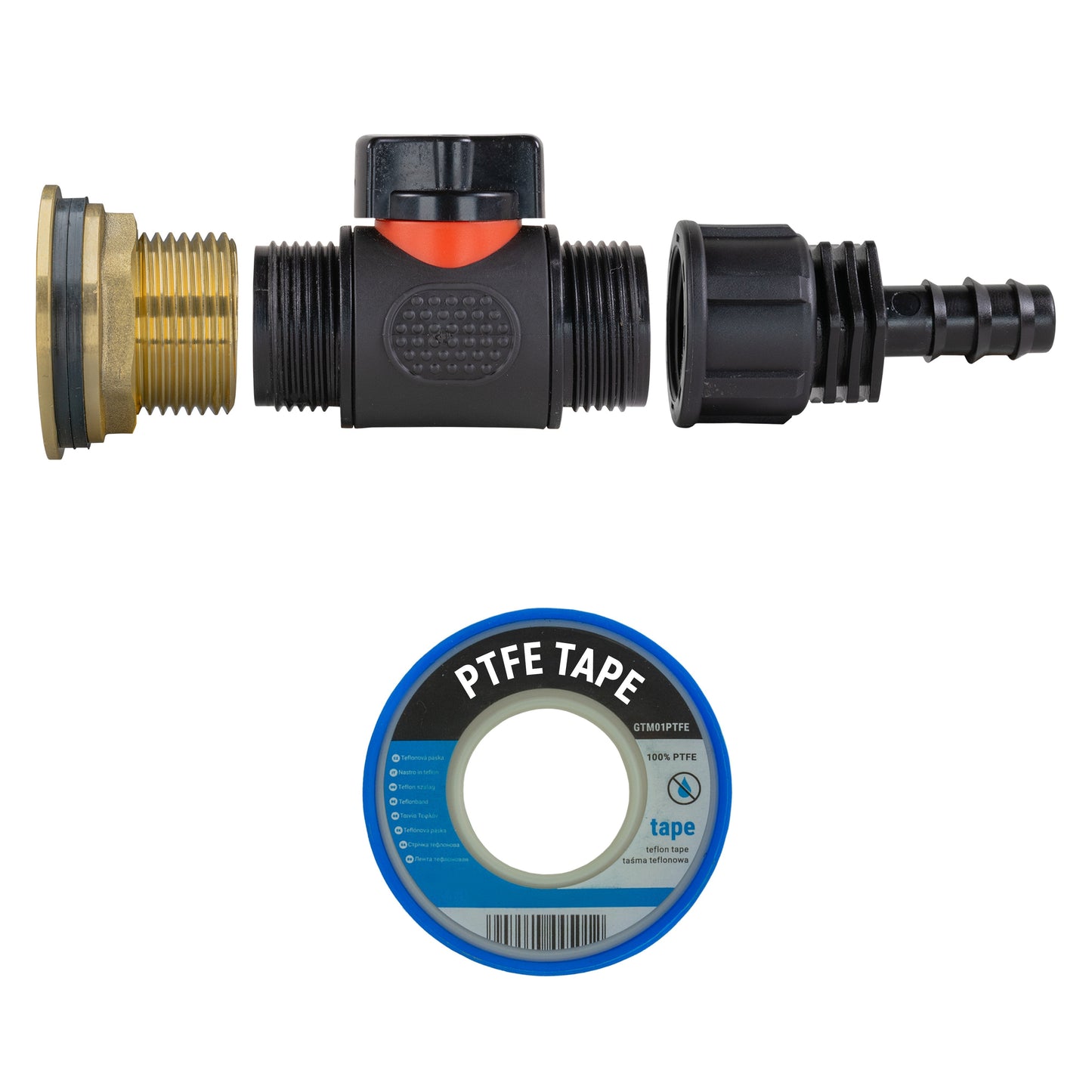 Water Butt Brass Kit 1in with In-Line Valve + 16mm Barb and Drill Bit