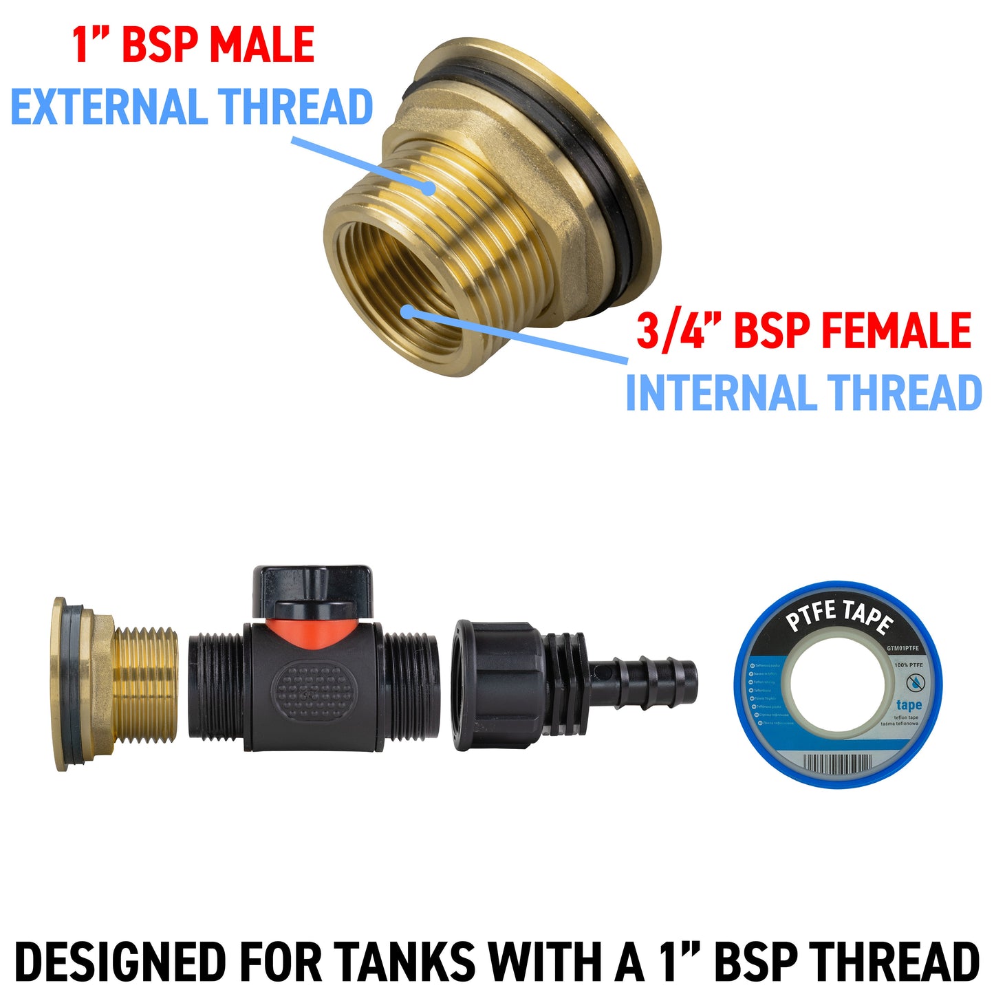 Water Butt Brass Kit 1in with In-Line Valve + 16mm Barb for Outdoor Watering Kit