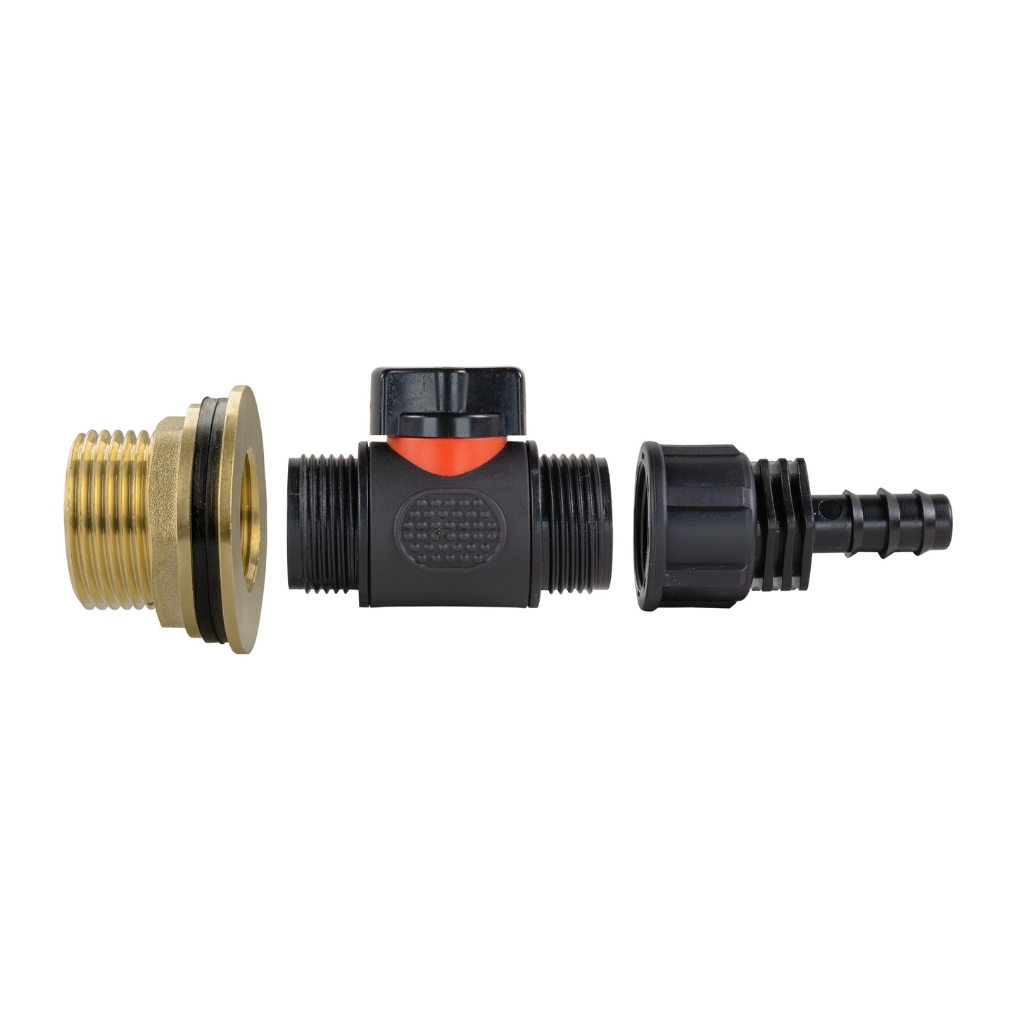 Water Butt Brass Kit 1in with In-Line Valve + 16mm Barb and Drill Bit
