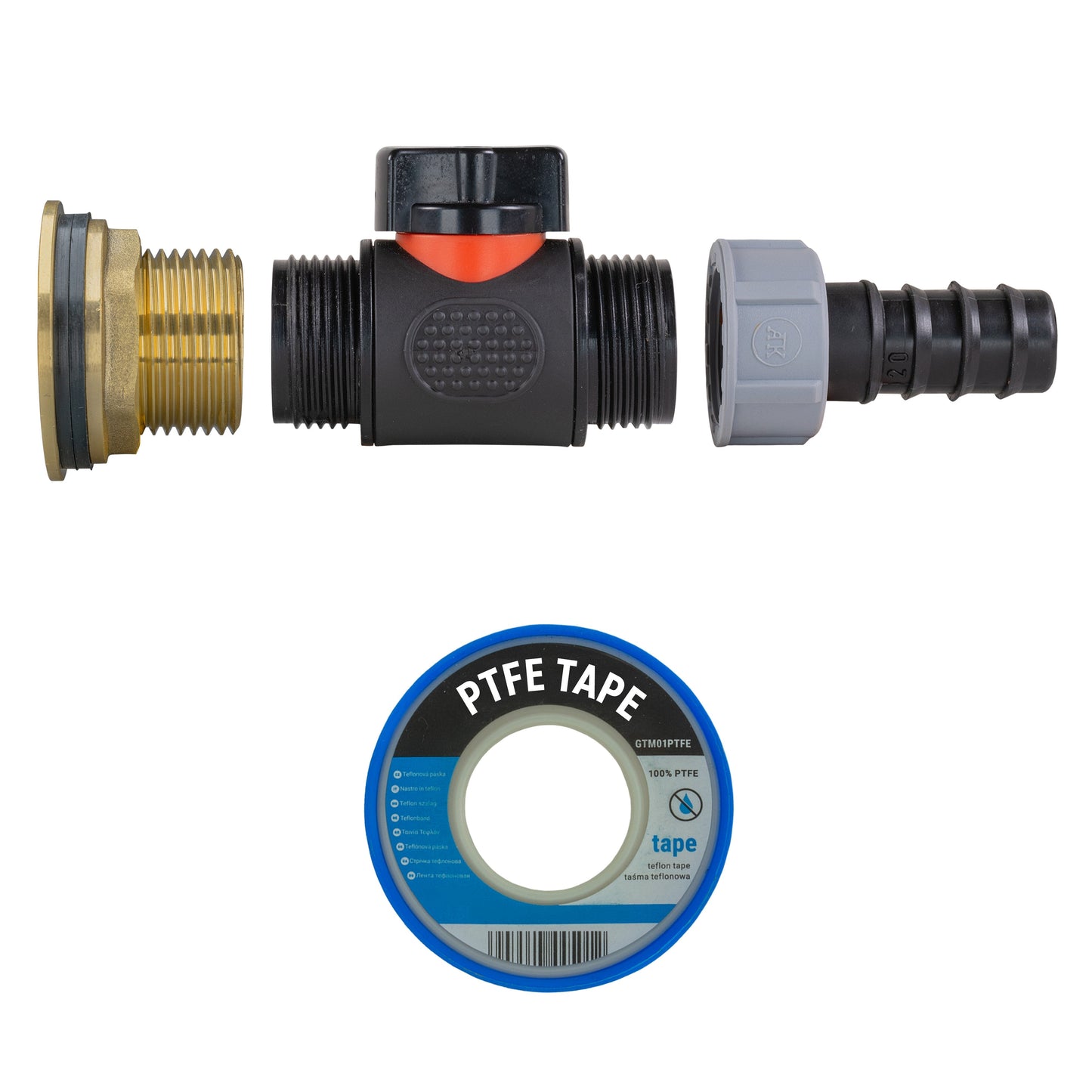 Water Butt Brass Kit 1in with In-Line Valve + 20mm Barb for Outdoor Watering Kit
