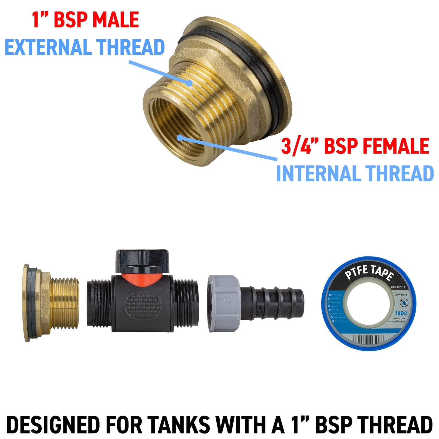 Water Butt Brass Kit 1in with In-Line Valve + 20mm Barb for Outdoor Watering Kit