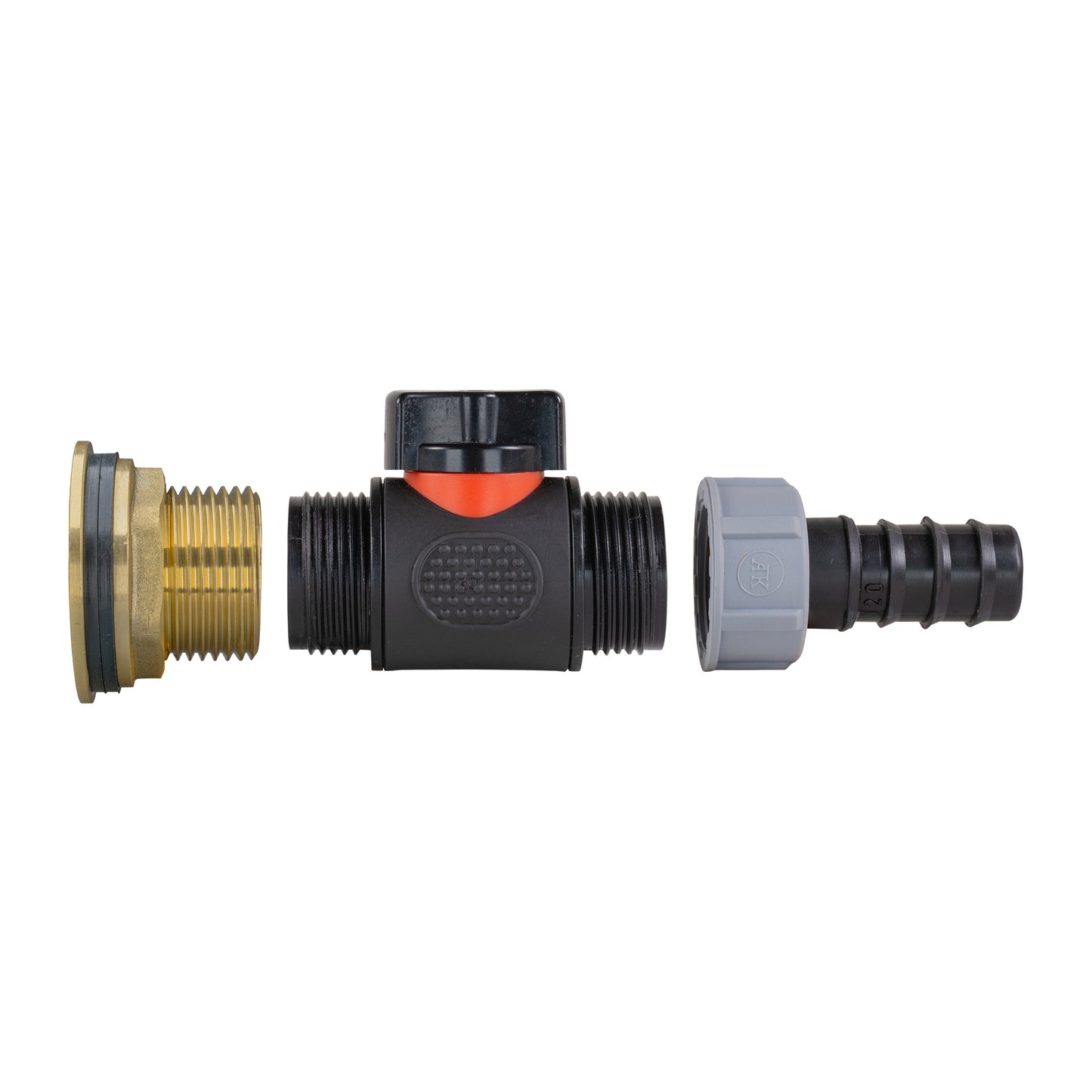 Water Butt Brass Kit 1in with In-Line Valve + 20mm Barb and Drill Bit