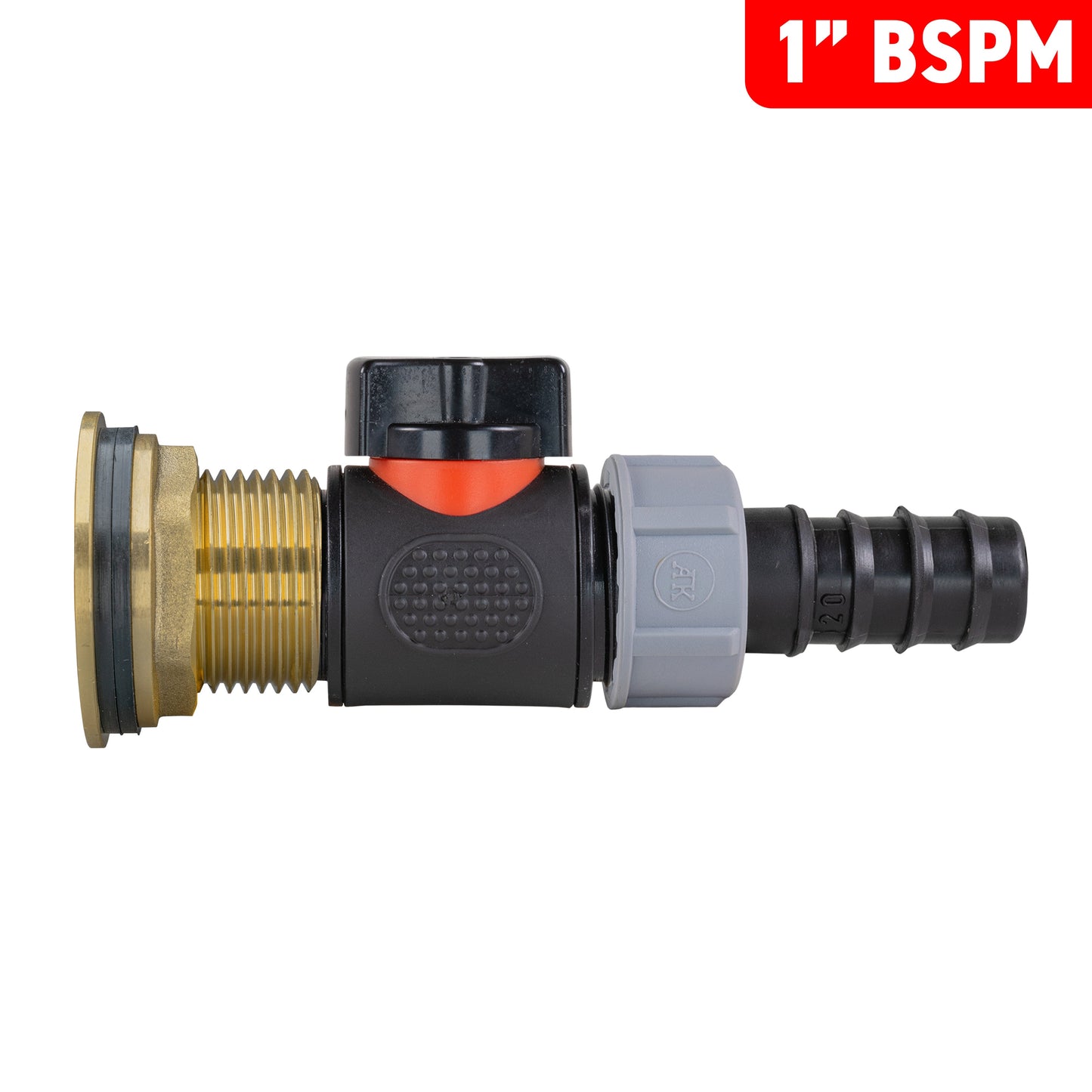 Water Butt Brass Kit 1in with In-Line Valve + 20mm Barb and Drill Bit