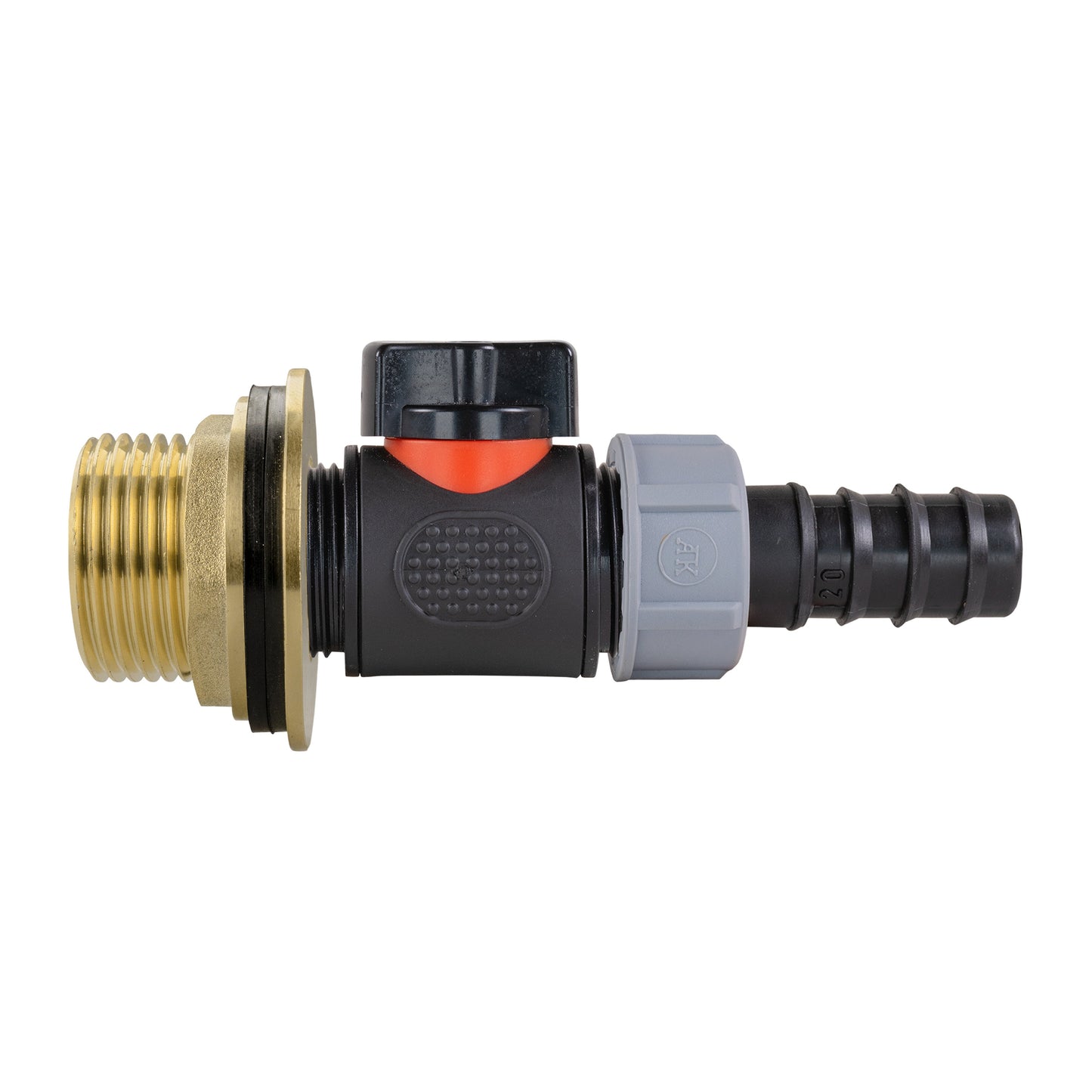 Water Butt Brass Kit 1in with In-Line Valve + 20mm Barb and Drill Bit