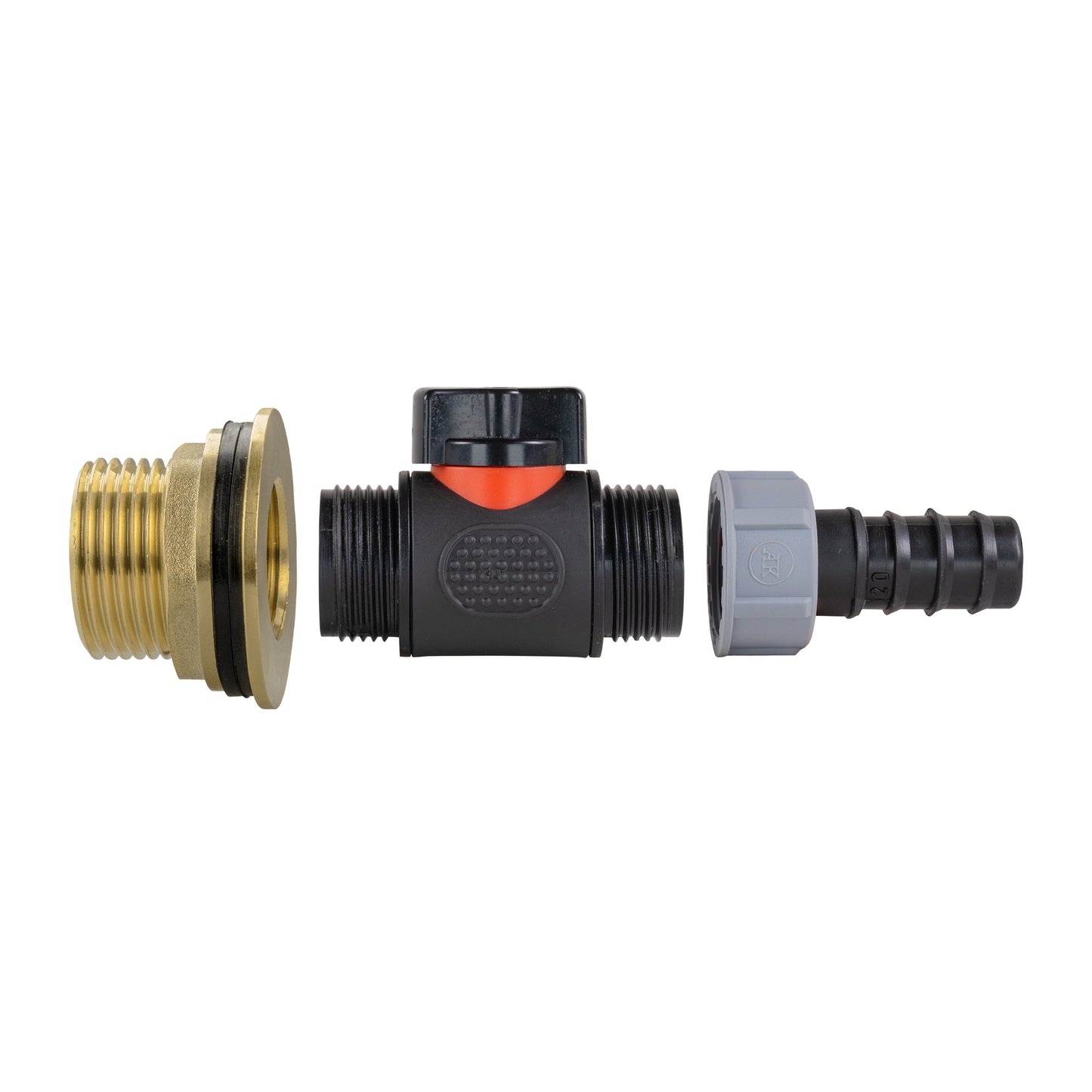 Water Butt Brass Kit 1in with In-Line Valve + 20mm Barb and Drill Bit