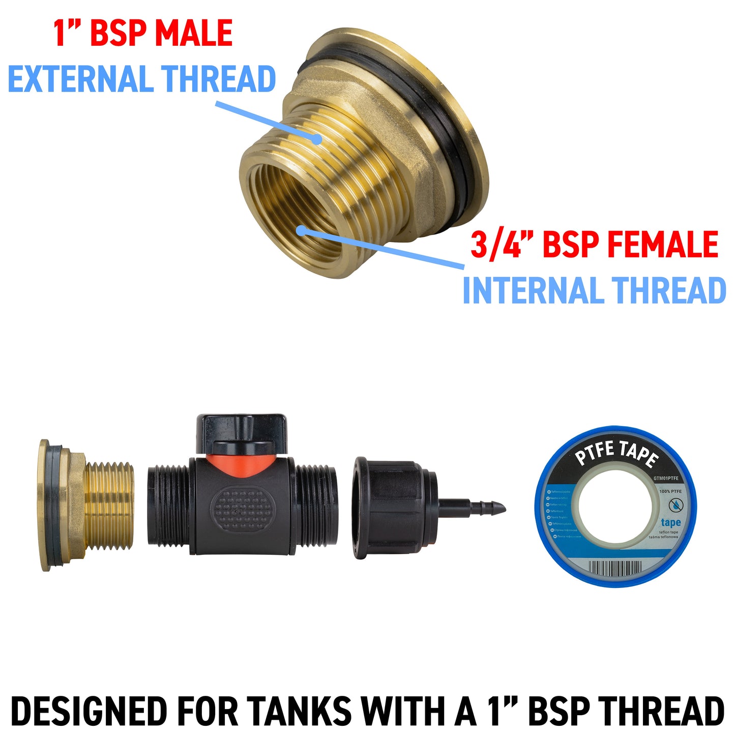 Water Butt Brass Kit 1in with In-Line Valve + 4mm Barb and Drill Bit Tap Adapter