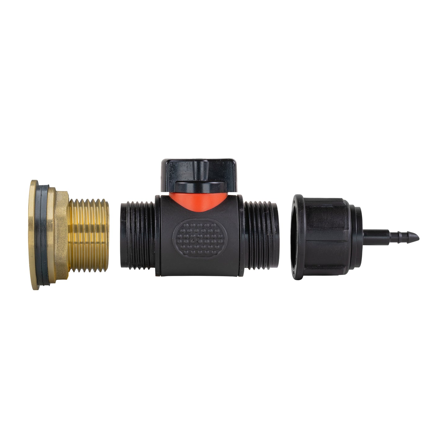 Water Butt Brass Kit 1in with In-Line Valve + 4mm Barb and Drill Bit Tap Adapter
