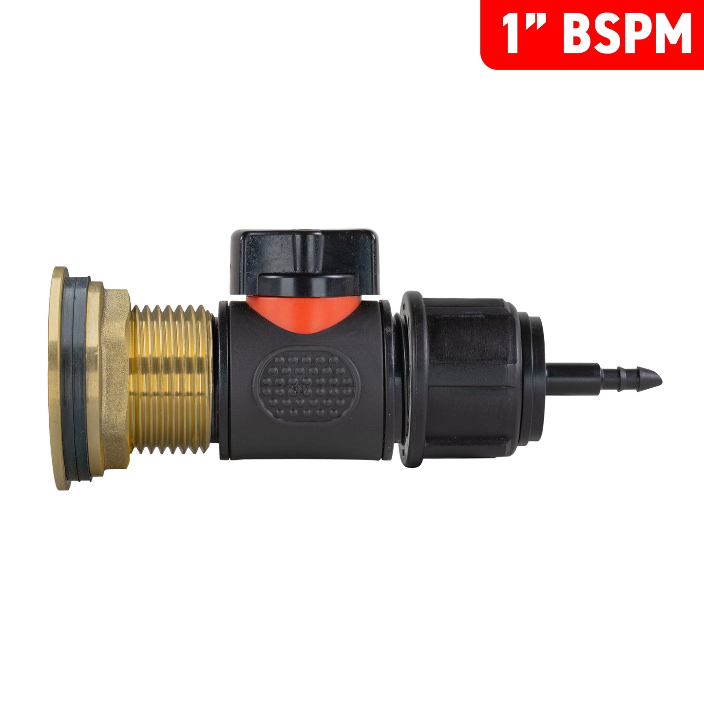 Water Butt Brass Kit 1in with In-Line Valve + 4mm Barb and Drill Bit Tap Adapter
