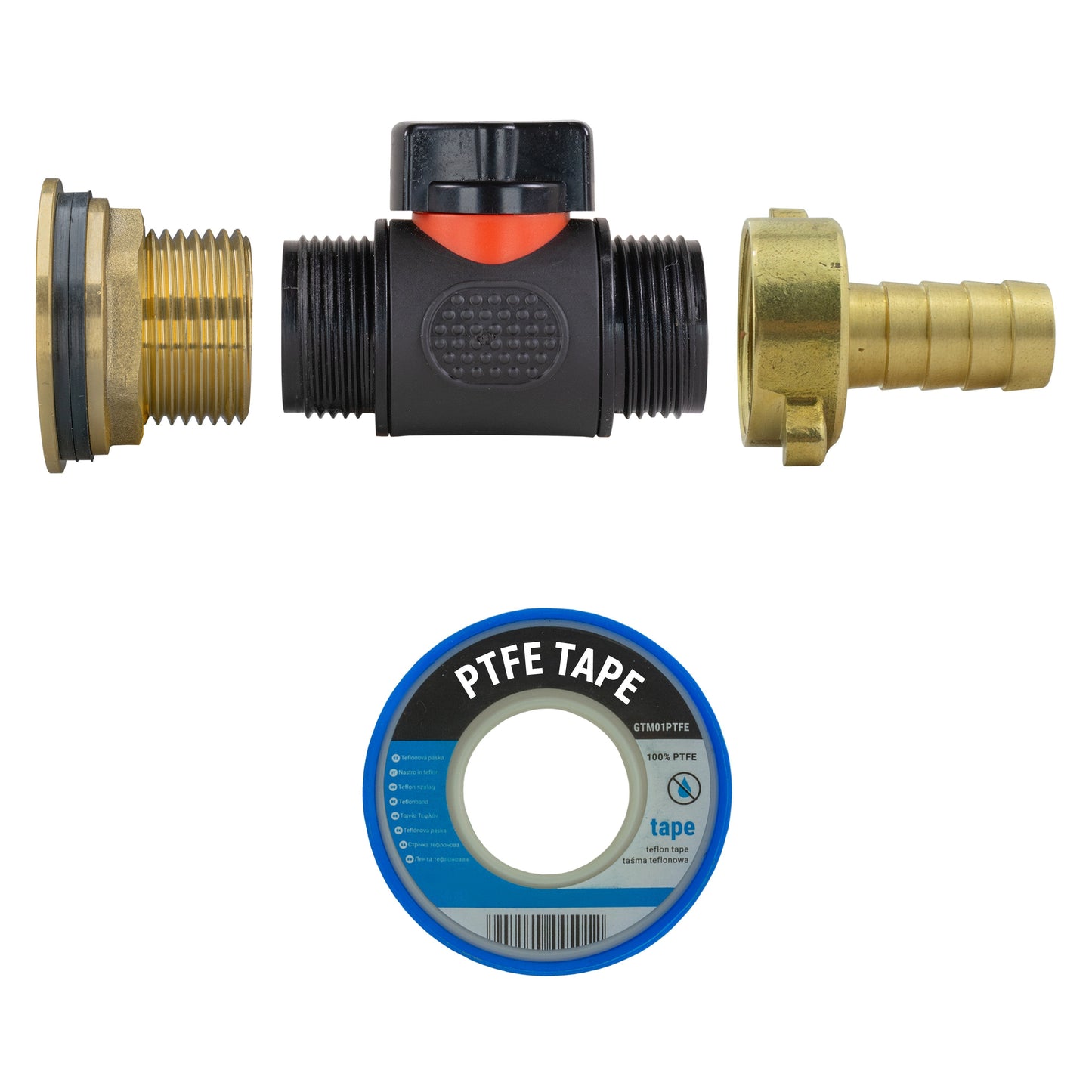 Water Butt Brass Kit 1in with In-Line Valve + 1/2in Brass Barb Hose Pipe Fitting