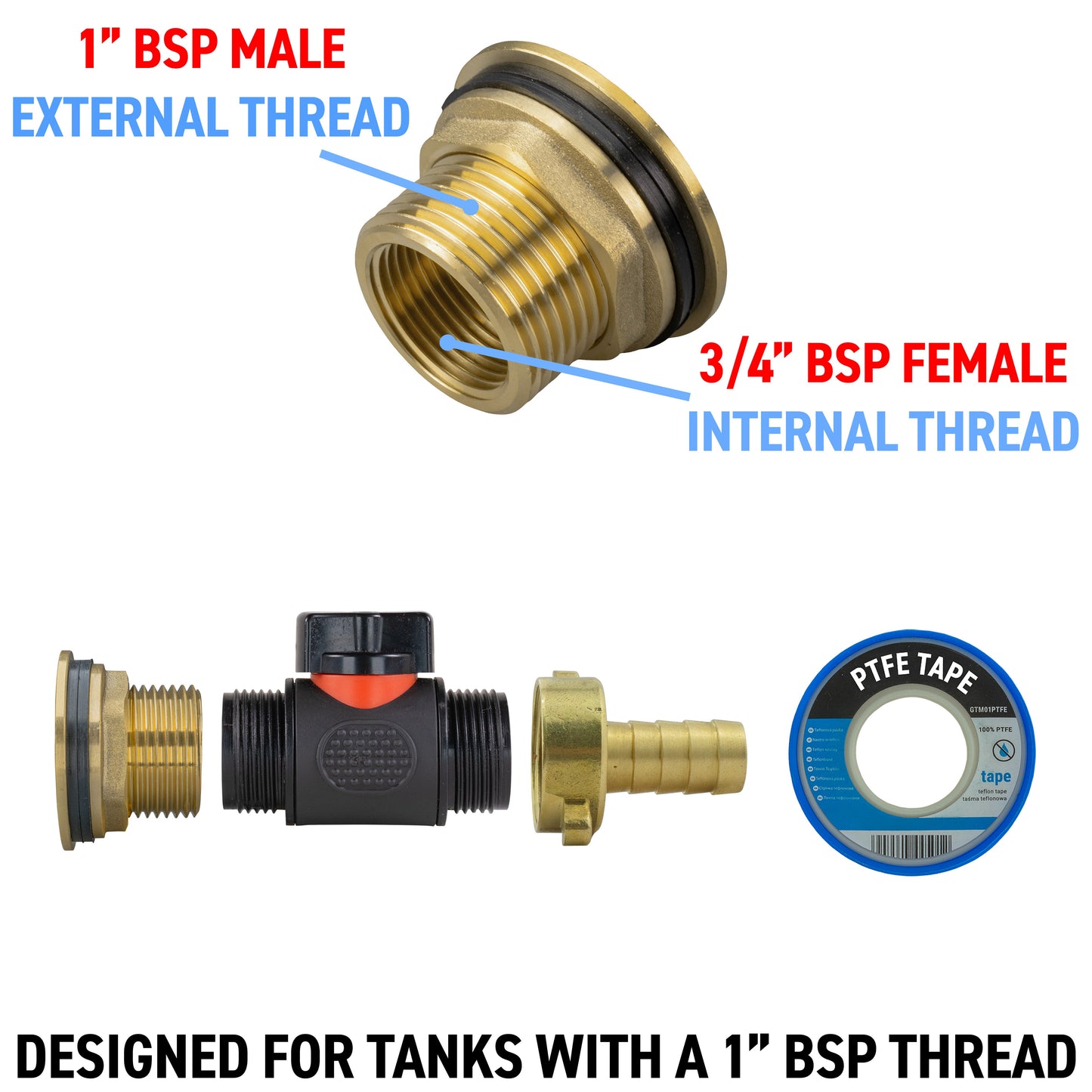 Water Butt Brass Kit 1in with In-Line Valve + 1/2in Brass Barb and Drill Bit