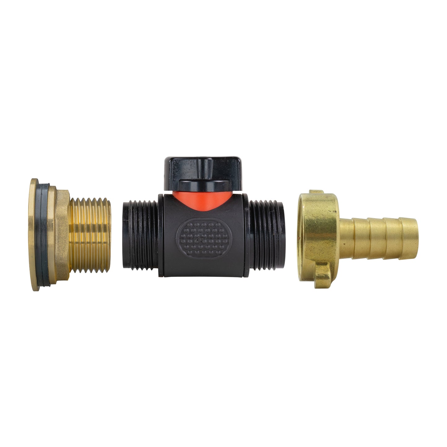 Water Butt Brass Kit 1in with In-Line Valve + 1/2in Brass Barb and Drill Bit