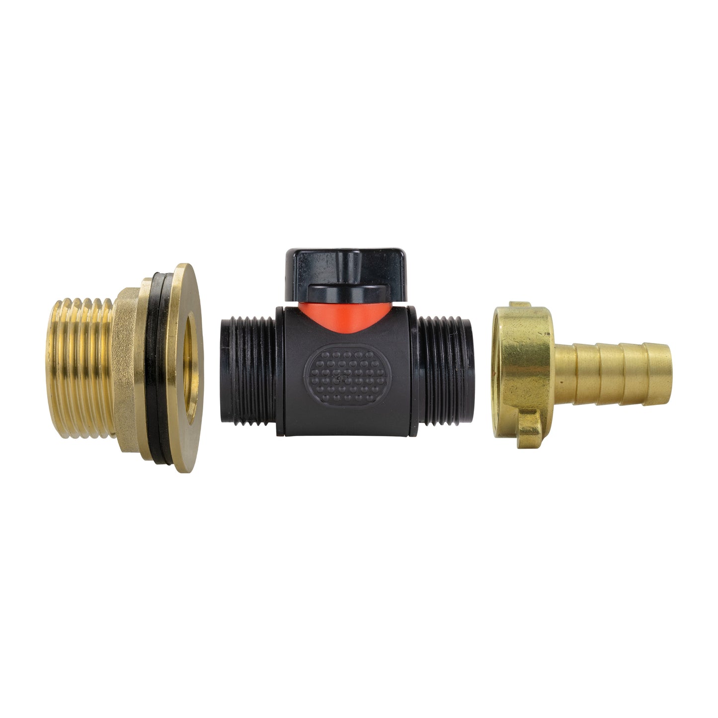 Water Butt Brass Kit 1in with In-Line Valve + 1/2in Brass Barb and Drill Bit