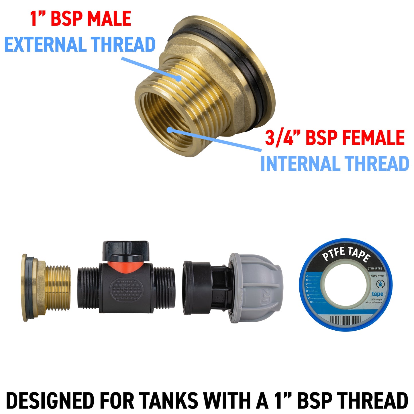 Water Butt Brass Kit 1in with In-Line Valve + 20mm MDPE and Drill Bit