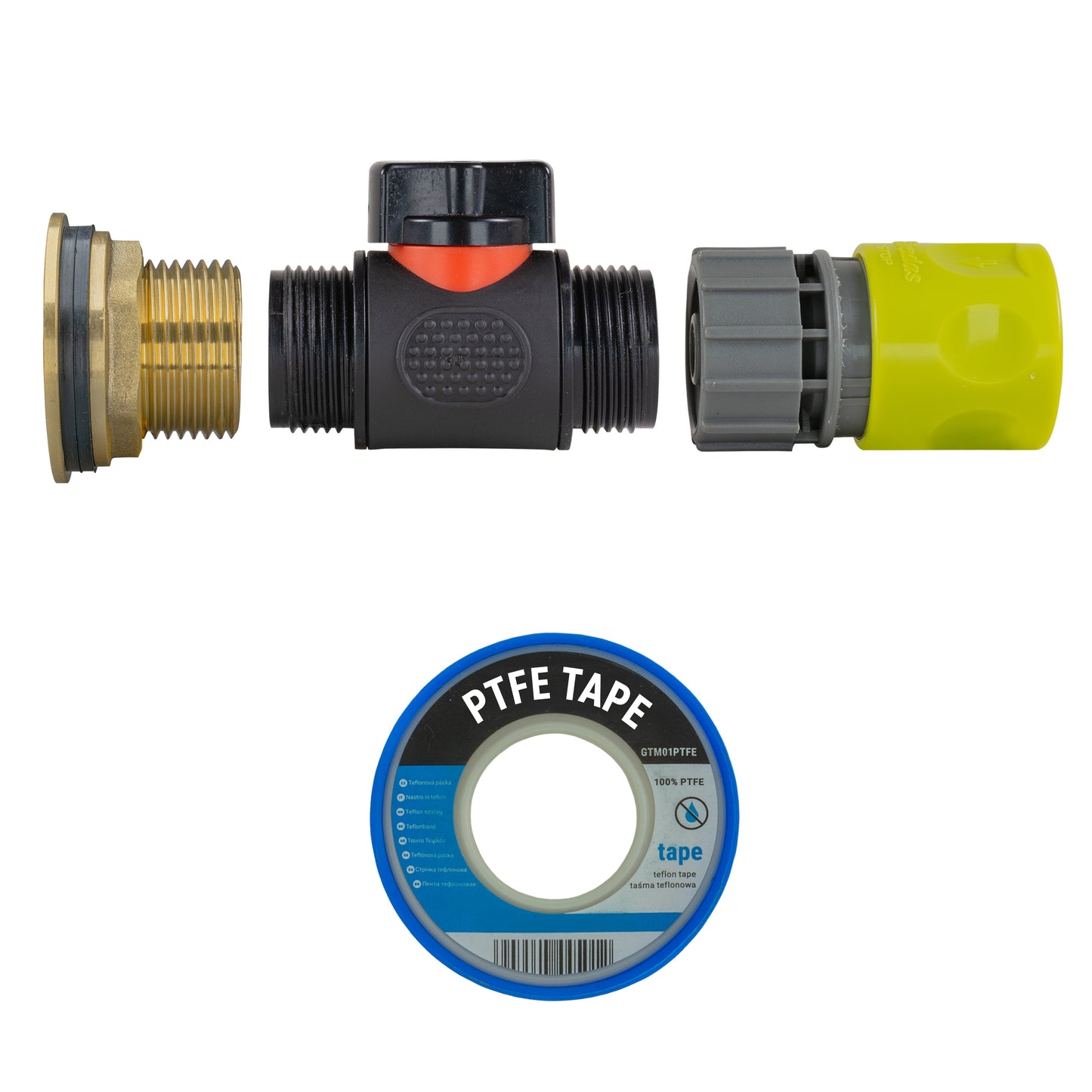 Water Butt Brass Kit 1in with In-Line Valve + Female Quick Connector Lime