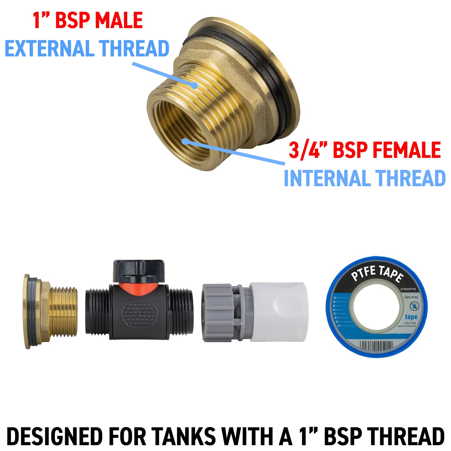 Water Butt Brass Kit 1in with In-Line Valve + Female Quick Connector WL