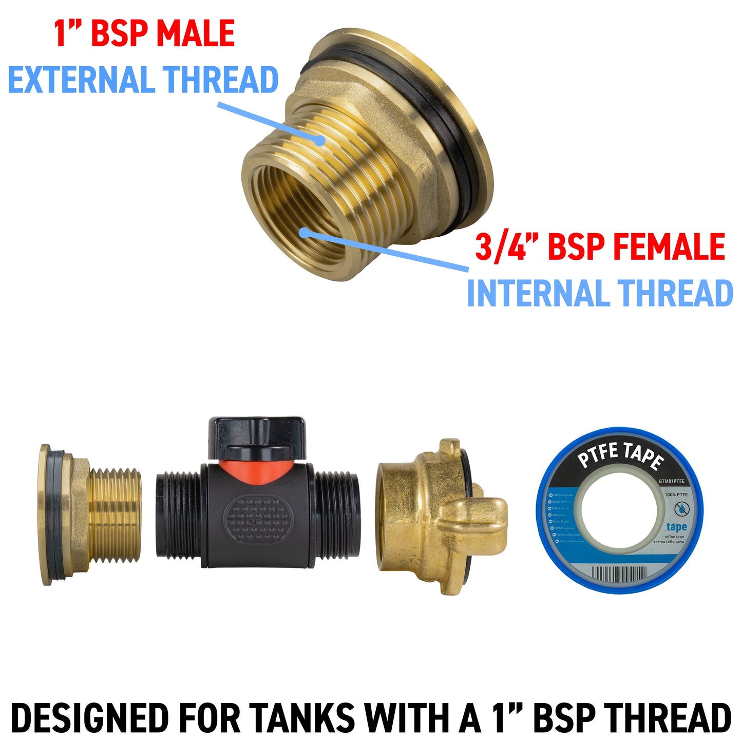 Water Butt Brass Kit 1in with In-Line Valve + Geka and Drill Bit Water Connector