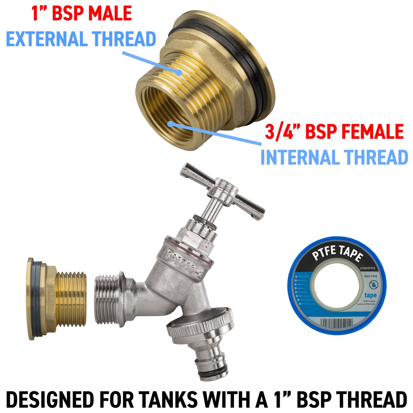 Water Butt Brass Kit 1in with Nickel Plated Quick Connect Tap and Drill Bit