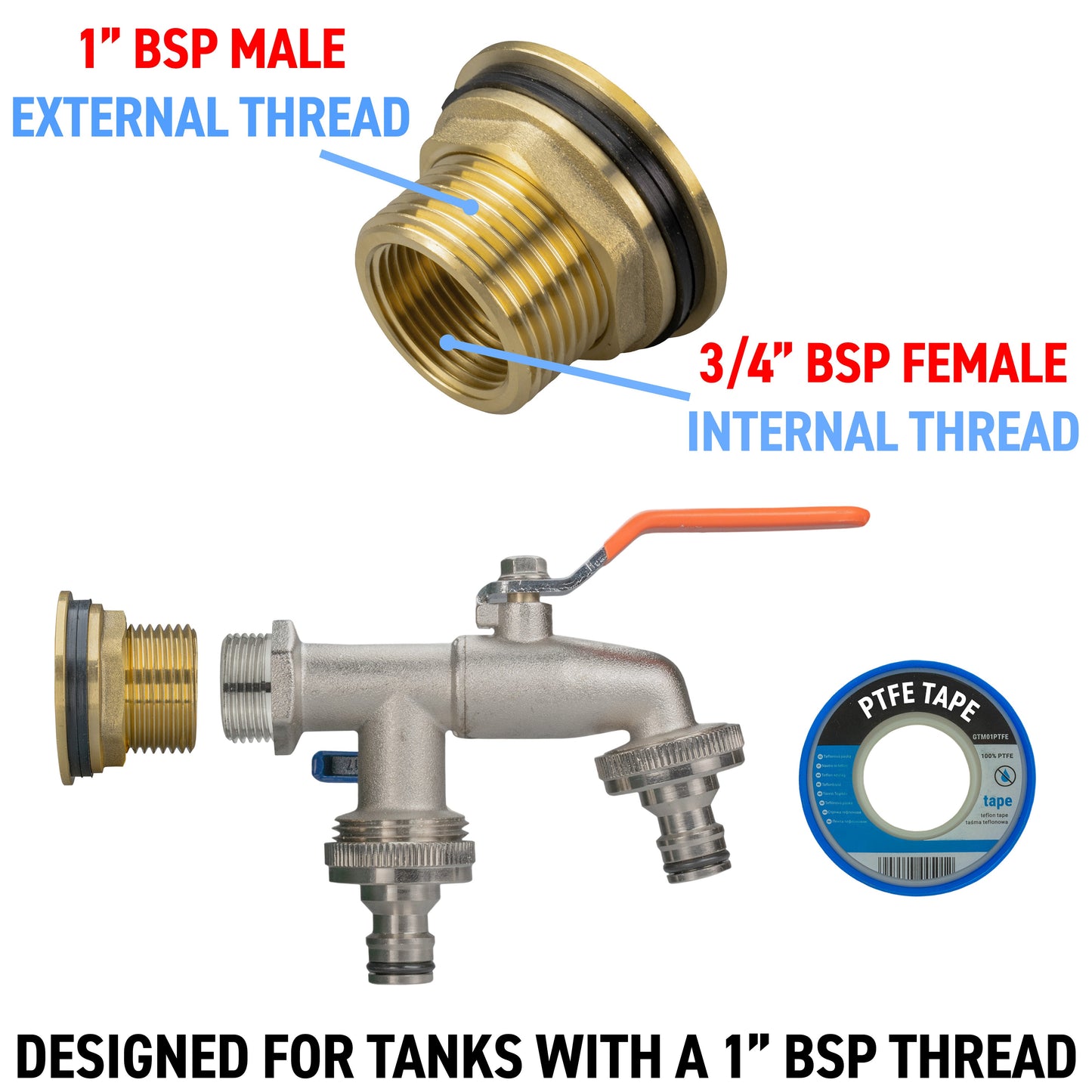 Water Butt Brass Kit 1in with Double Quick Connect Tap for Outdoor Watering Kit