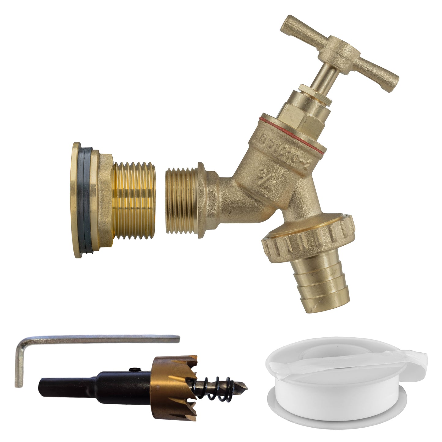 Water Butt Brass Kit 1in with Brass Barbed Tap and Drill Bit for Water Connector