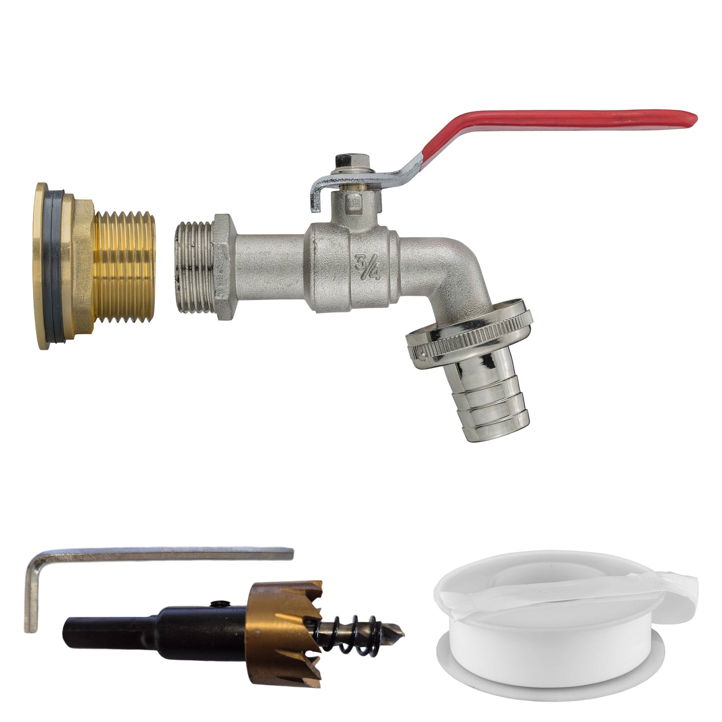 Water Butt Brass Kit 1in with Barbed Lever Tap and Drill Bit for Water Connector