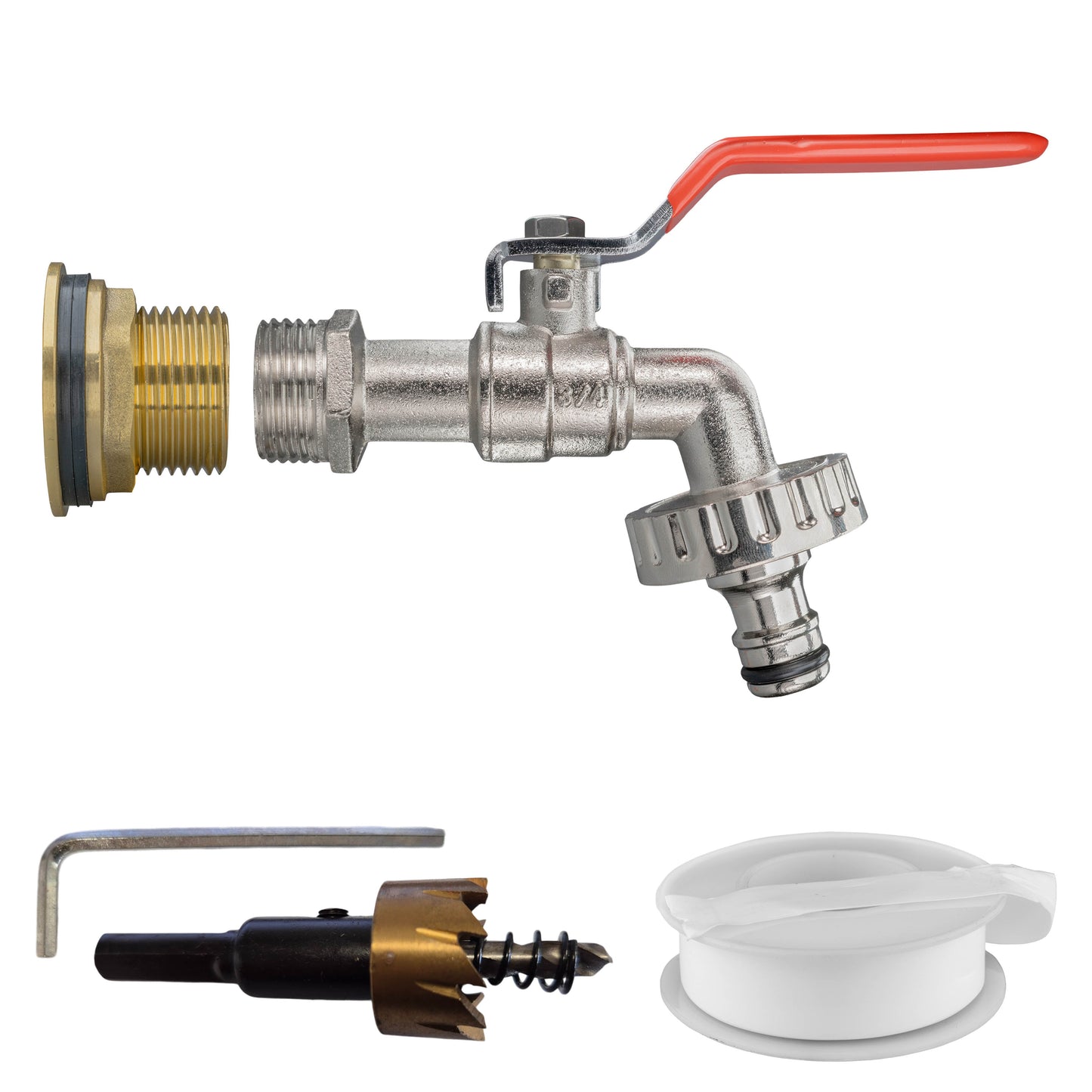 Water Butt Brass Kit 1in with Quick Connect Lever Tap and Drill Bit Tap Adapter