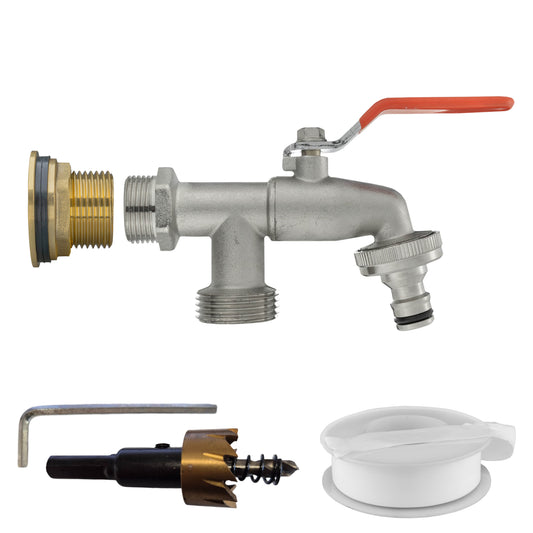 Water Butt Brass Kit 1in with Double Tap and Drill Bit for Garden Irrigation Kit
