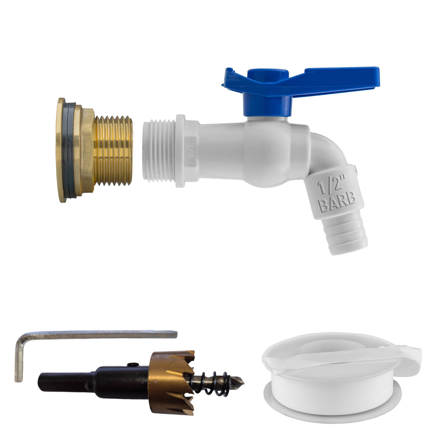 Water Butt Brass Kit 1in with White PVC Tap and Drill Bit for Hose Connector Set