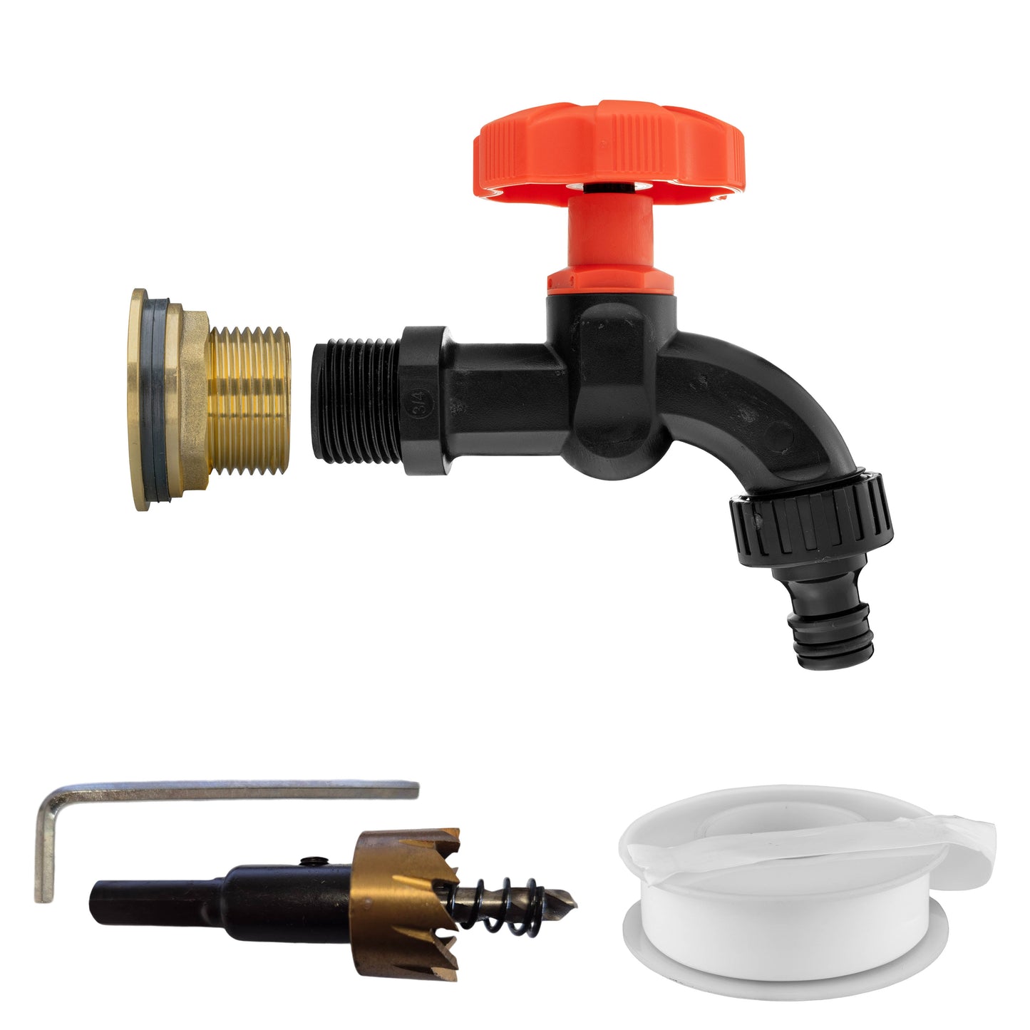 Water Butt Brass Kit 1in with Black Dial Tap and Drill Bit for Hose Pipe Fitting
