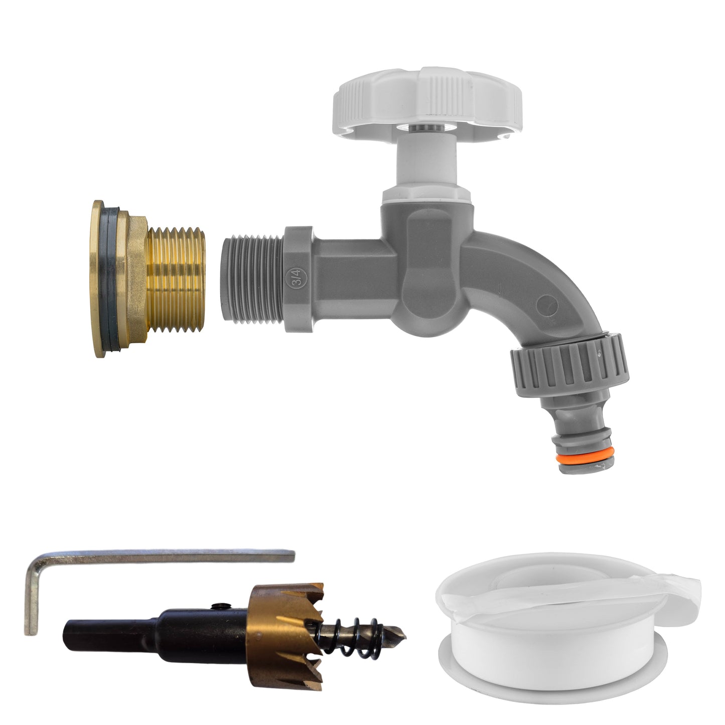 Water Butt Brass Kit 1in with Grey Dial Tap and Drill Bit for Hose Connector Set