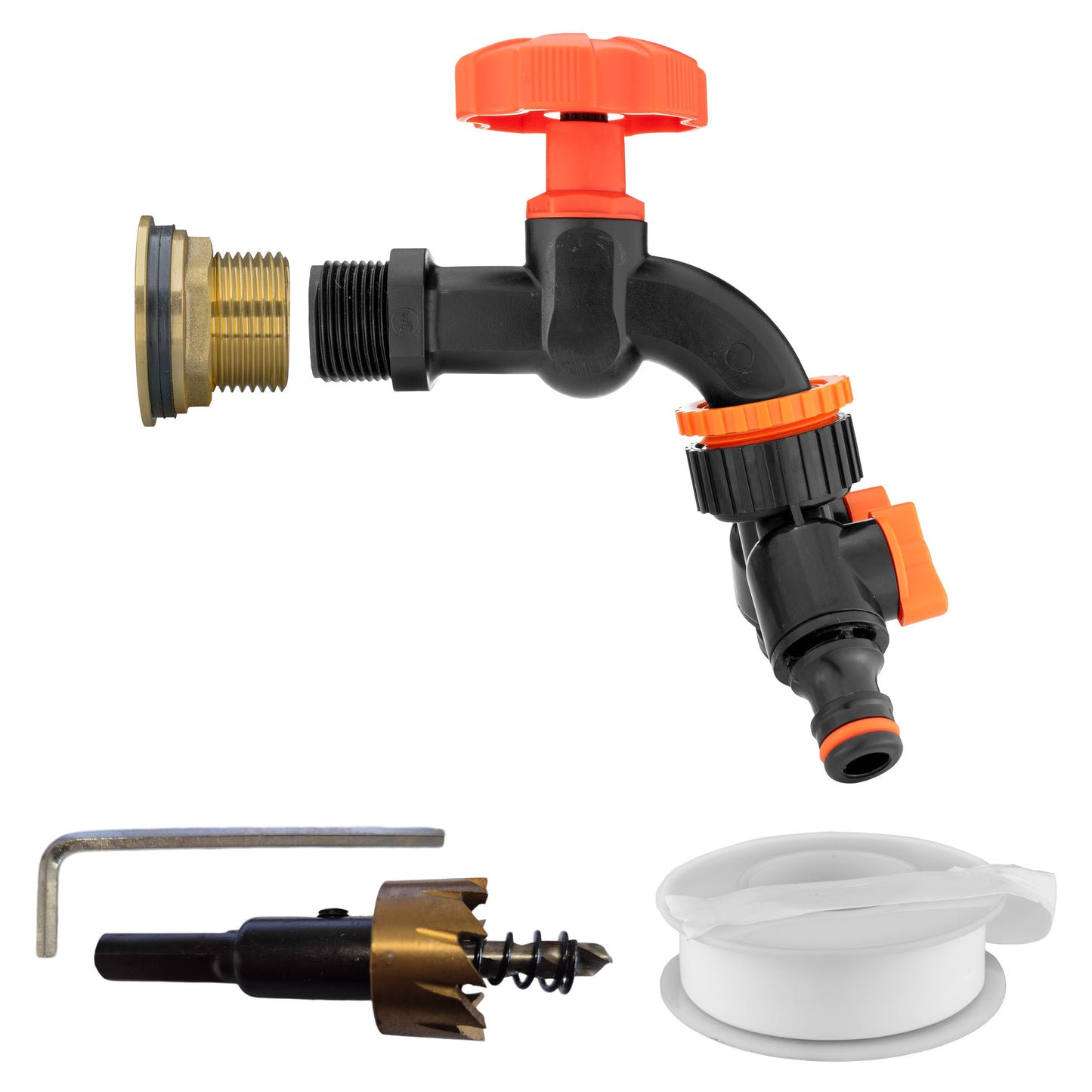 Water Butt Brass Kit 1in with Black Dial Tap + Two-Way Splitter and Drill Bit