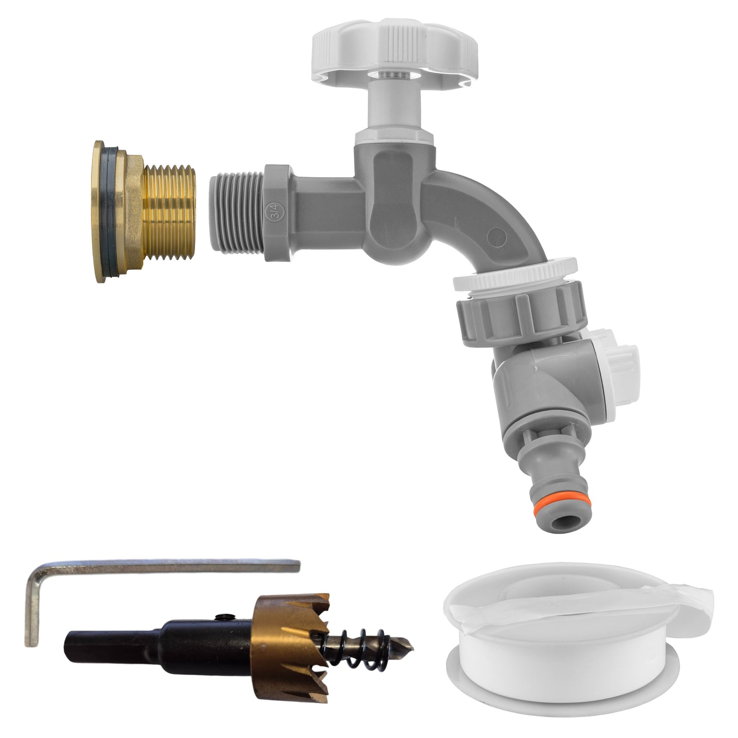 Water Butt Brass Kit 1in with Grey Dial Tap + Two-Way Splitter and Drill Bit