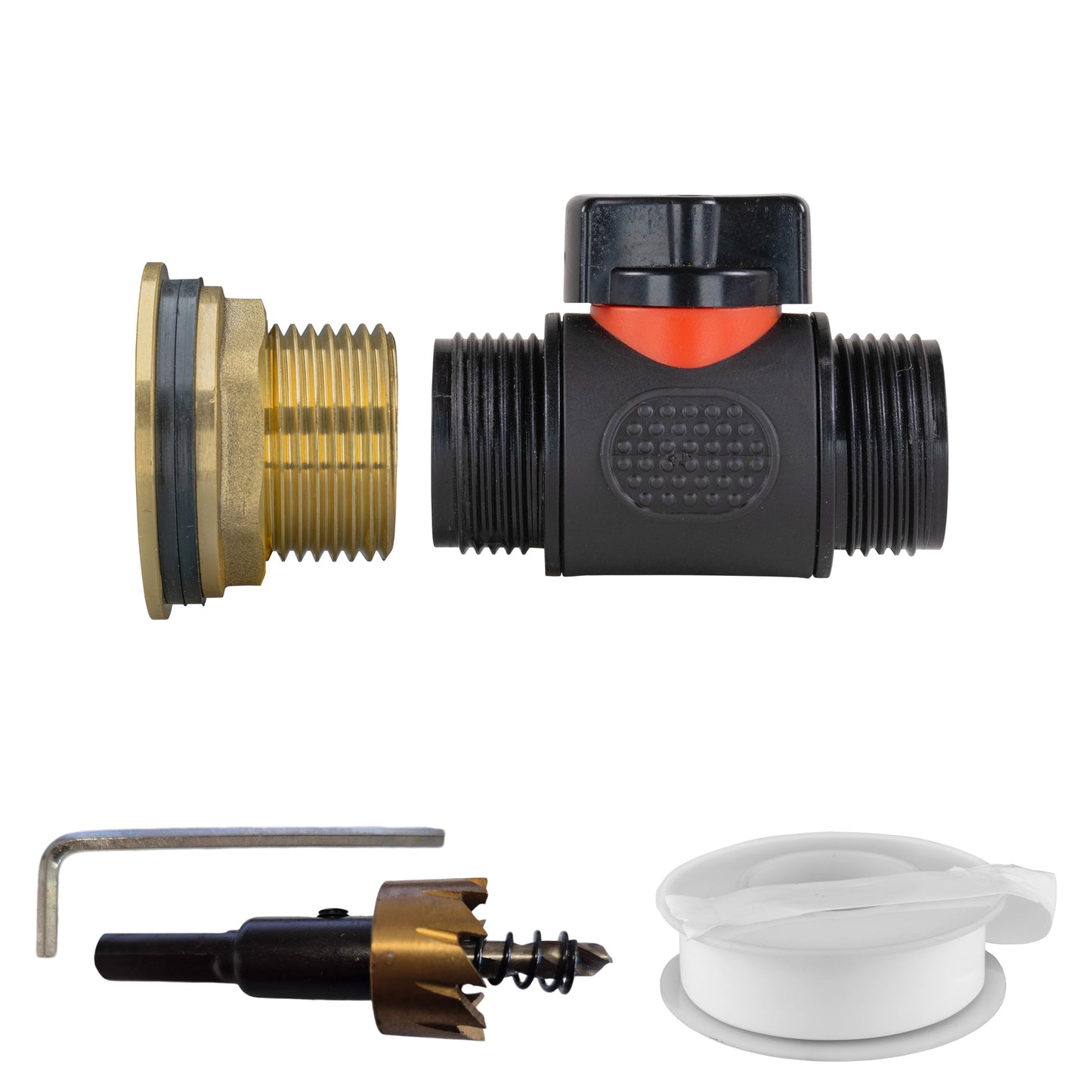 Water Butt Brass Kit 1in with 3/4in BSP In-Line Valve and Drill Bit