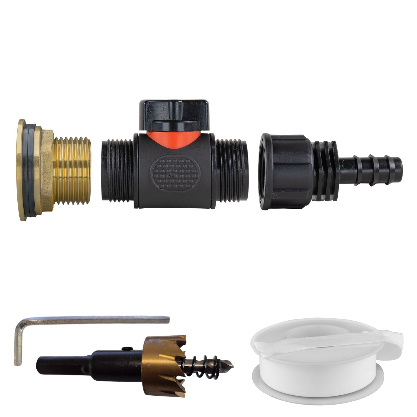 Water Butt Brass Kit 1in with In-Line Valve + 16mm Barb and Drill Bit