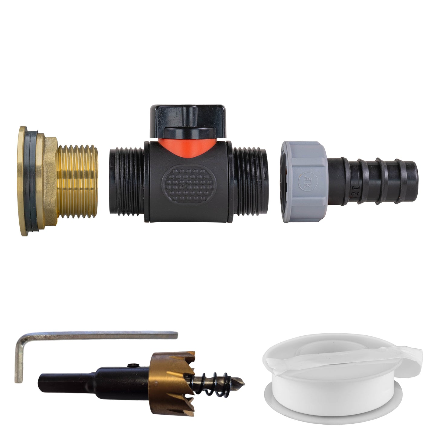 Water Butt Brass Kit 1in with In-Line Valve + 20mm Barb and Drill Bit