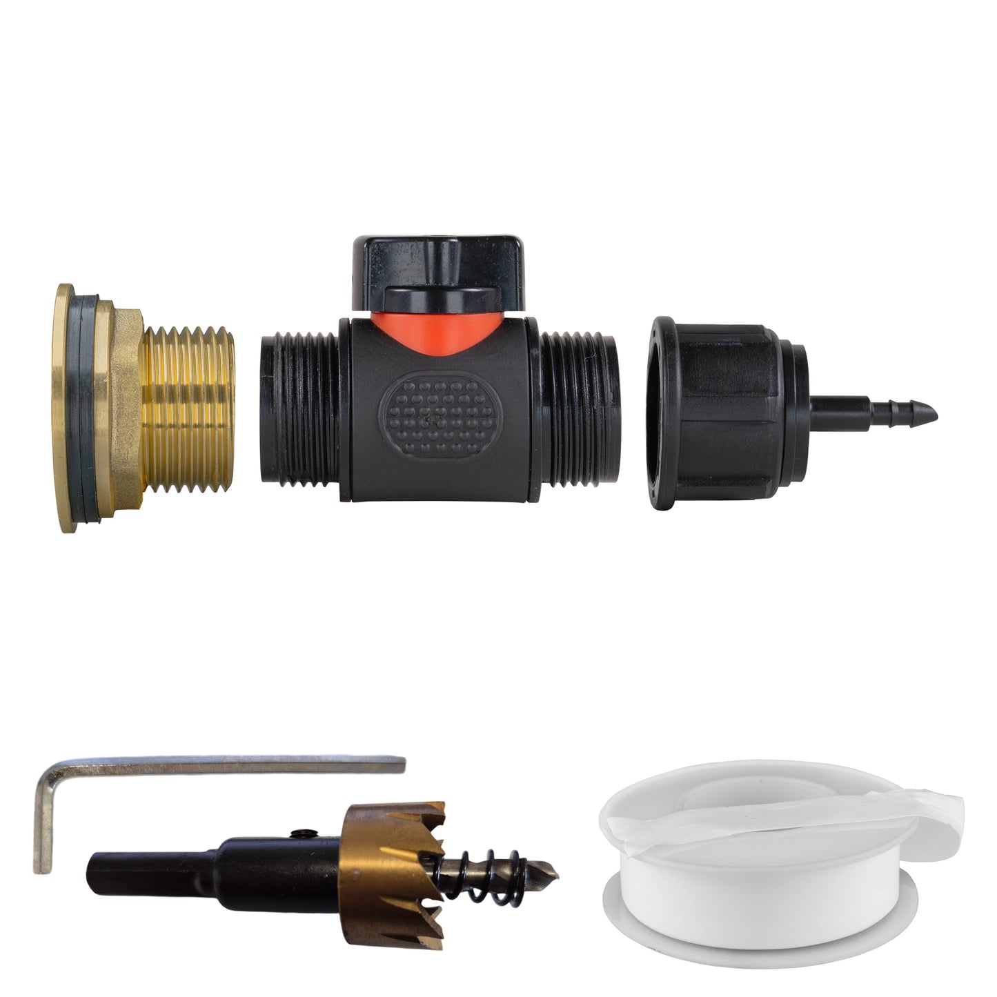 Water Butt Brass Kit 1in with In-Line Valve + 4mm Barb and Drill Bit Tap Adapter