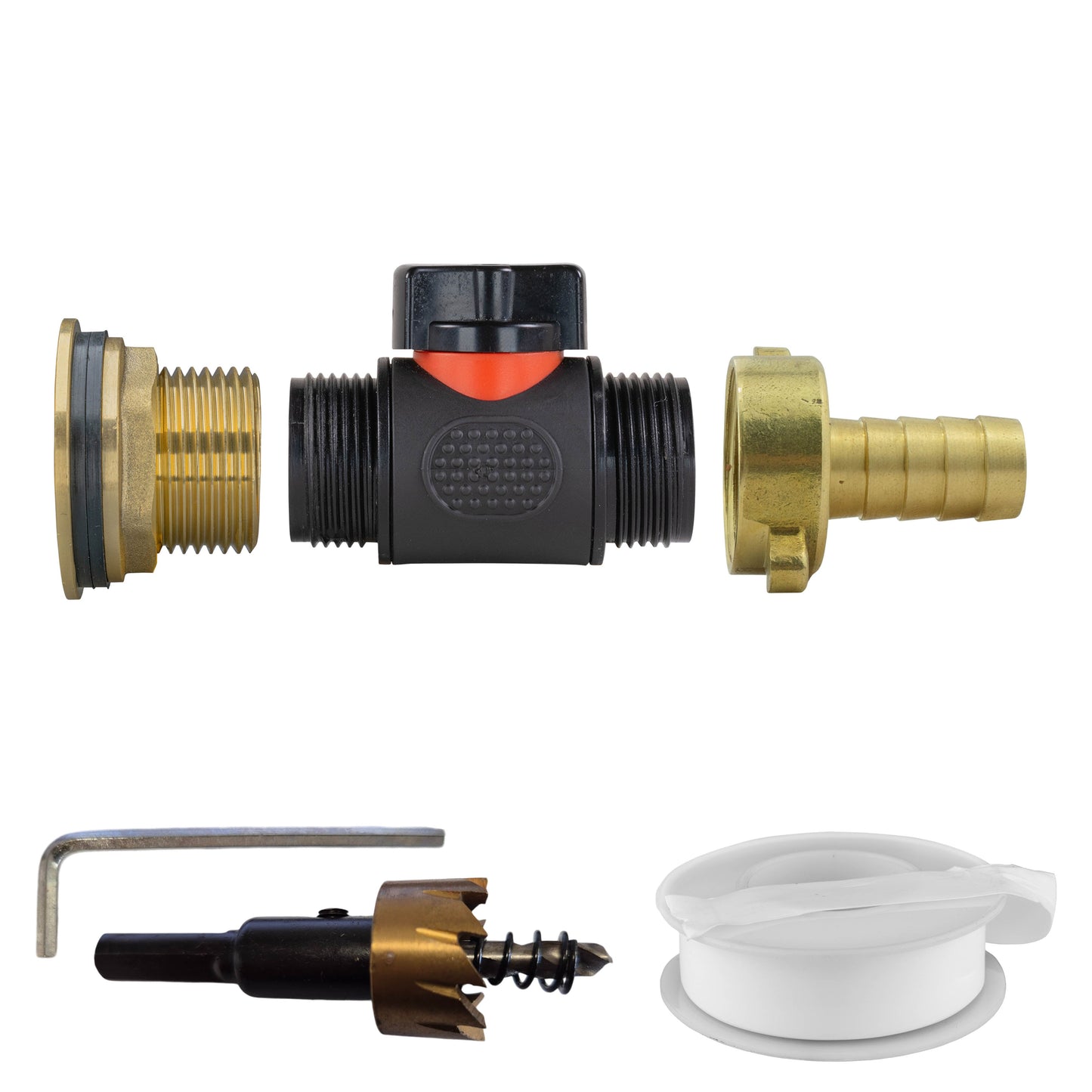 Water Butt Brass Kit 1in with In-Line Valve + 1/2in Brass Barb and Drill Bit