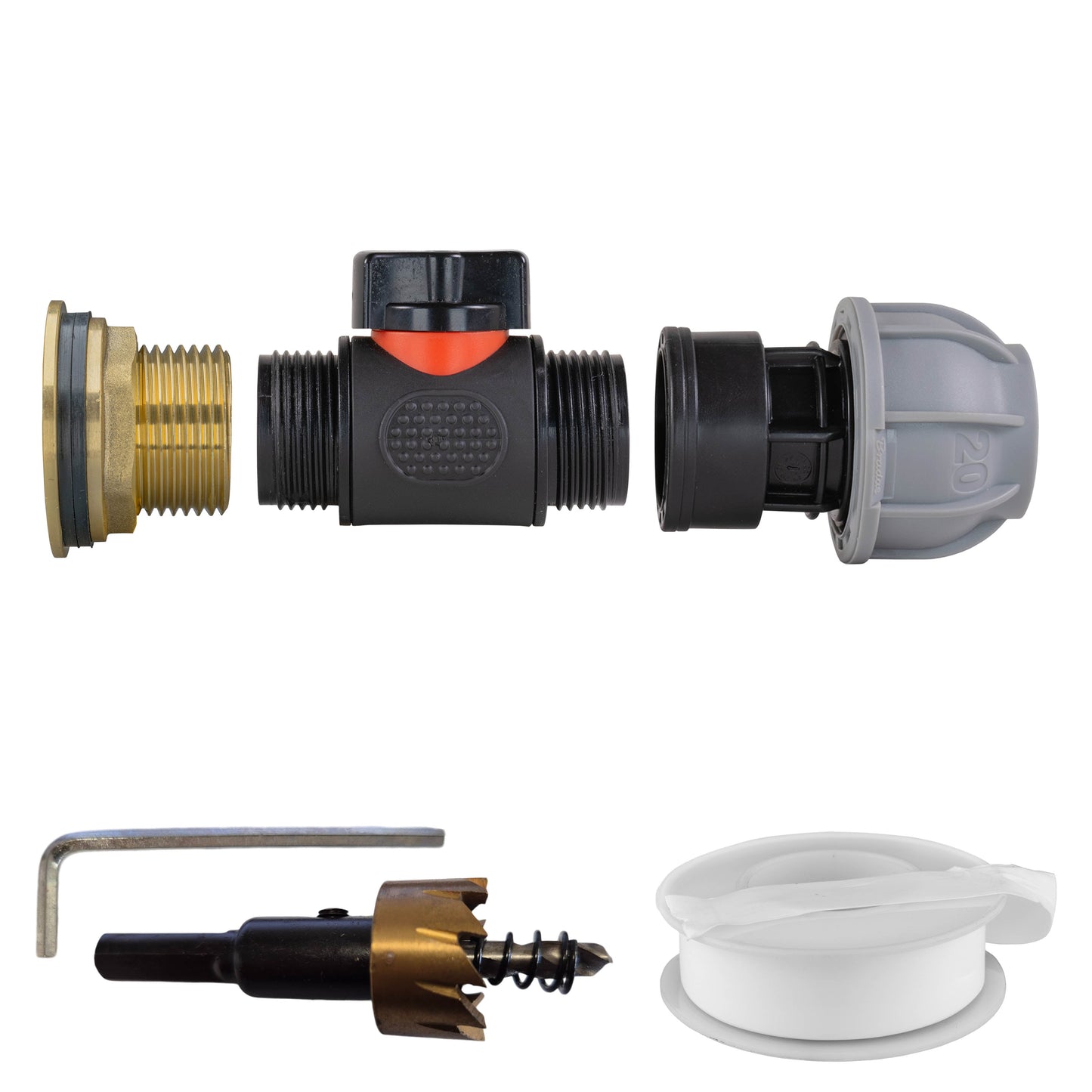 Water Butt Brass Kit 1in with In-Line Valve + 20mm MDPE and Drill Bit