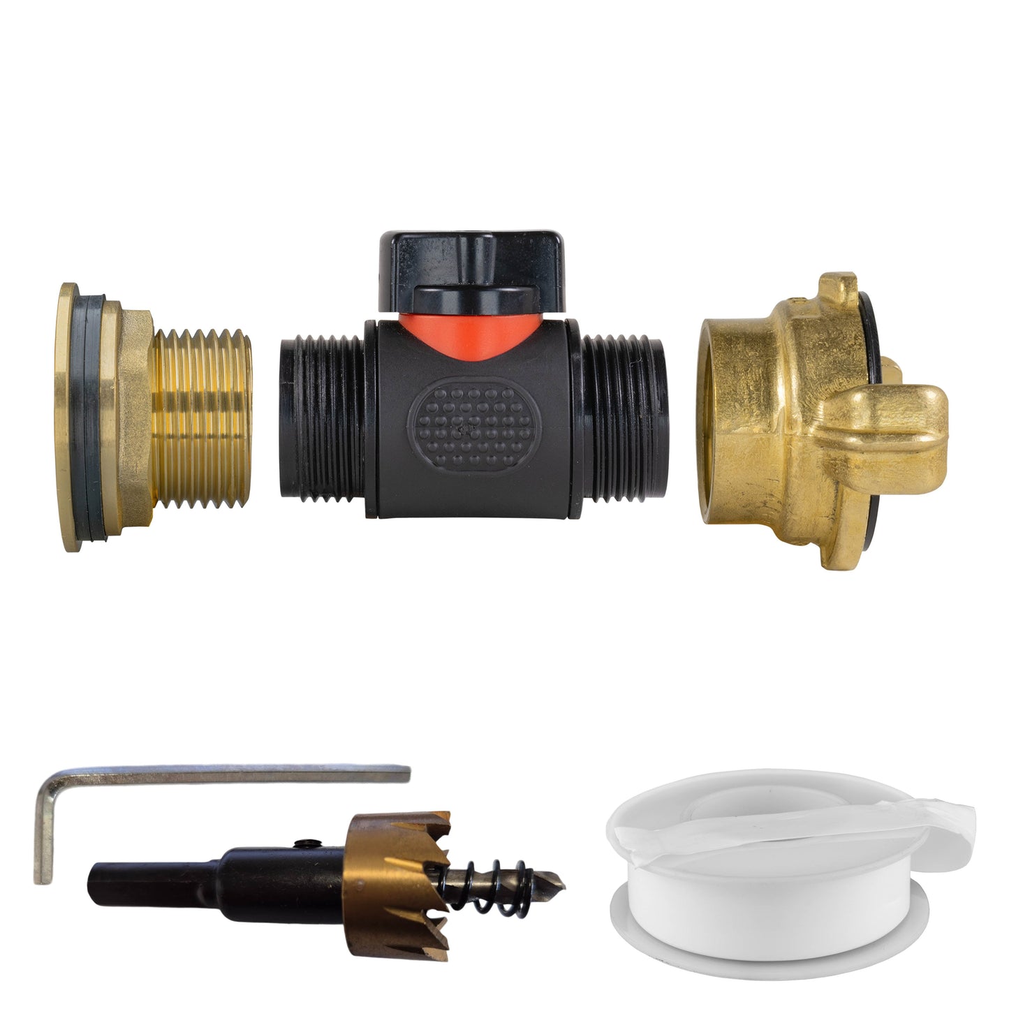 Water Butt Brass Kit 1in with In-Line Valve + Geka and Drill Bit Water Connector